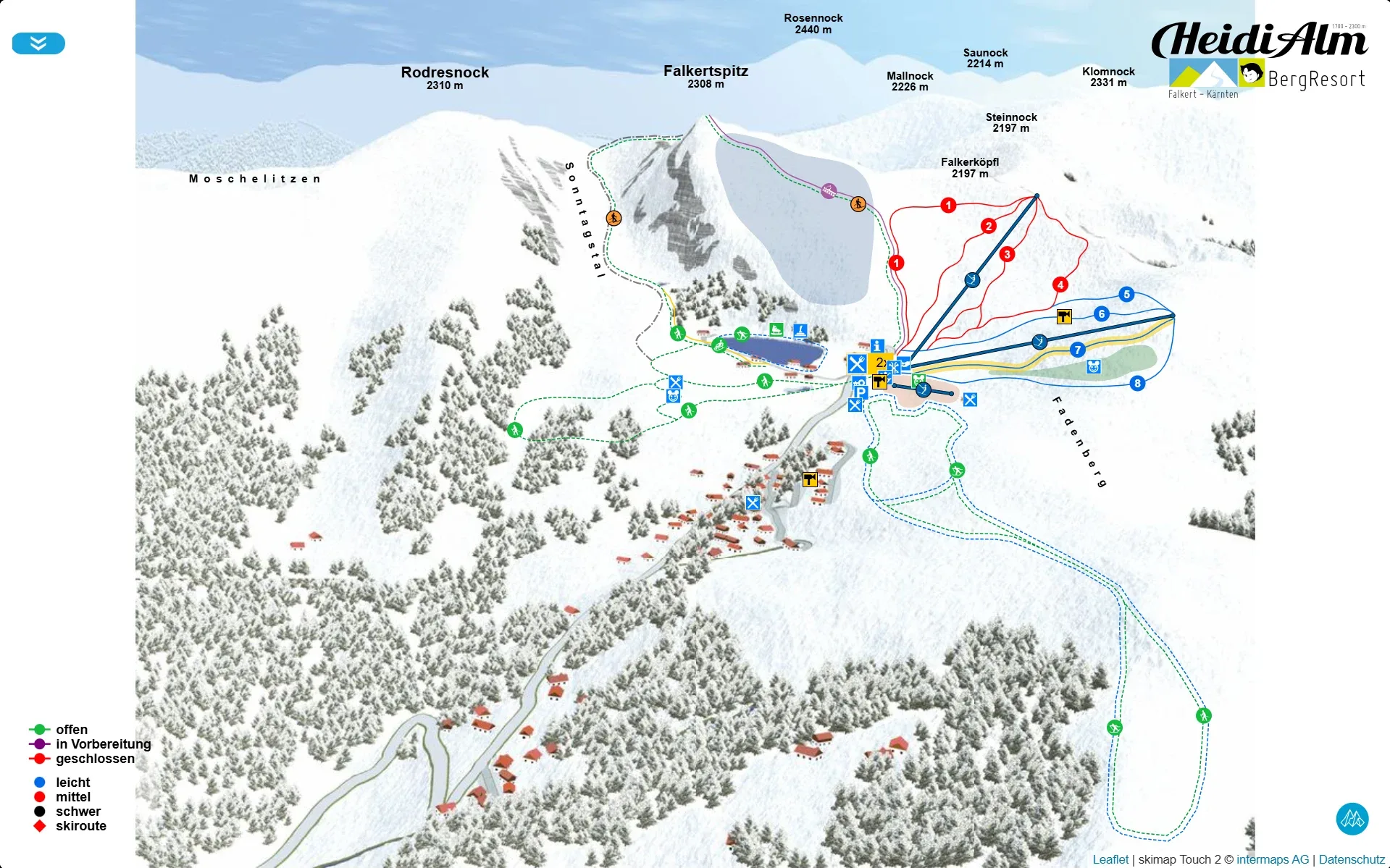 Pistenplan Heidi-Alm Falkert 2025/26 – Übersichtskarte mit Pisten, Liften und Bergbahnen