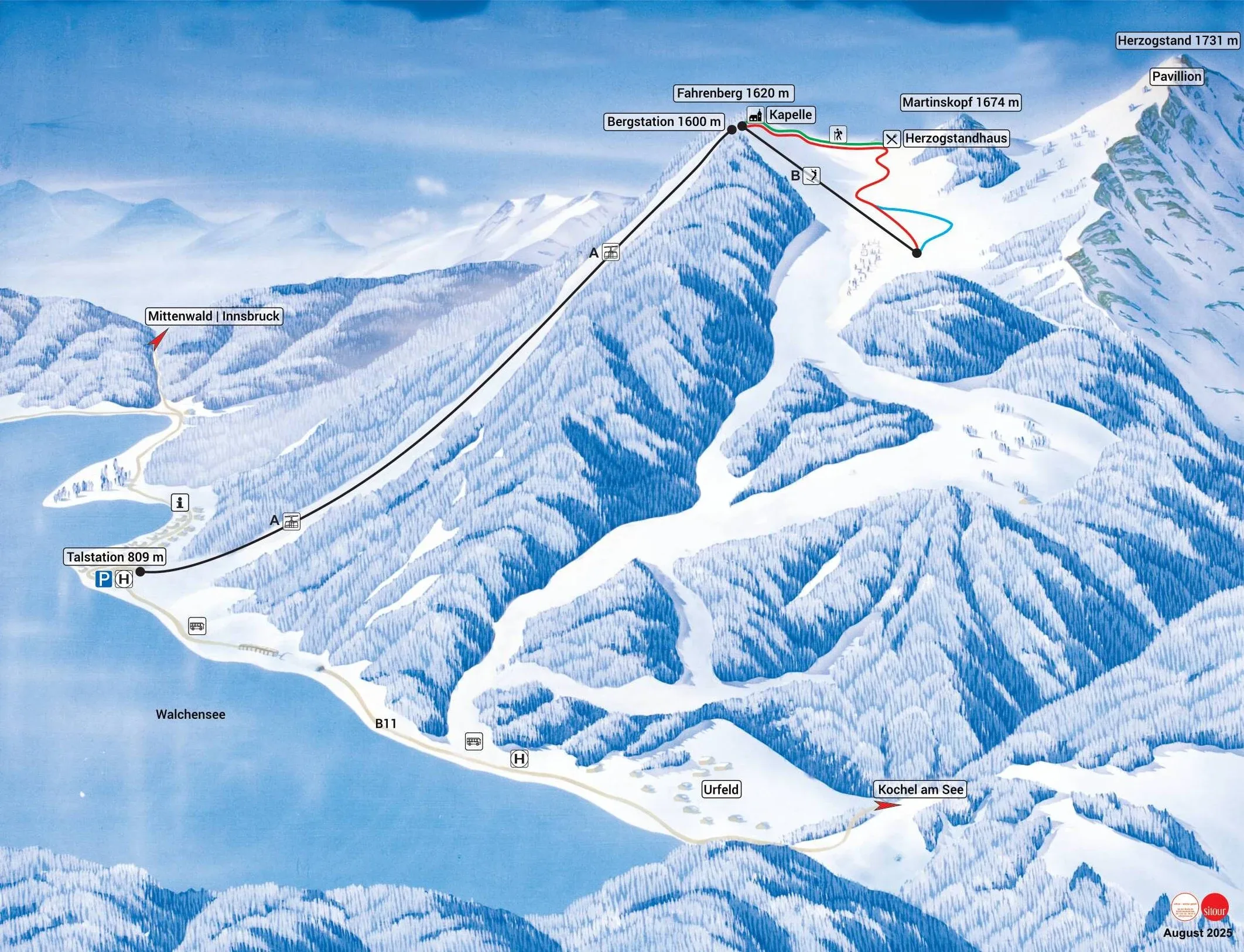 Pistenplan Herzogstand (Walchensee) 2025/26 – Übersichtskarte mit Pisten, Liften und Bergbahnen