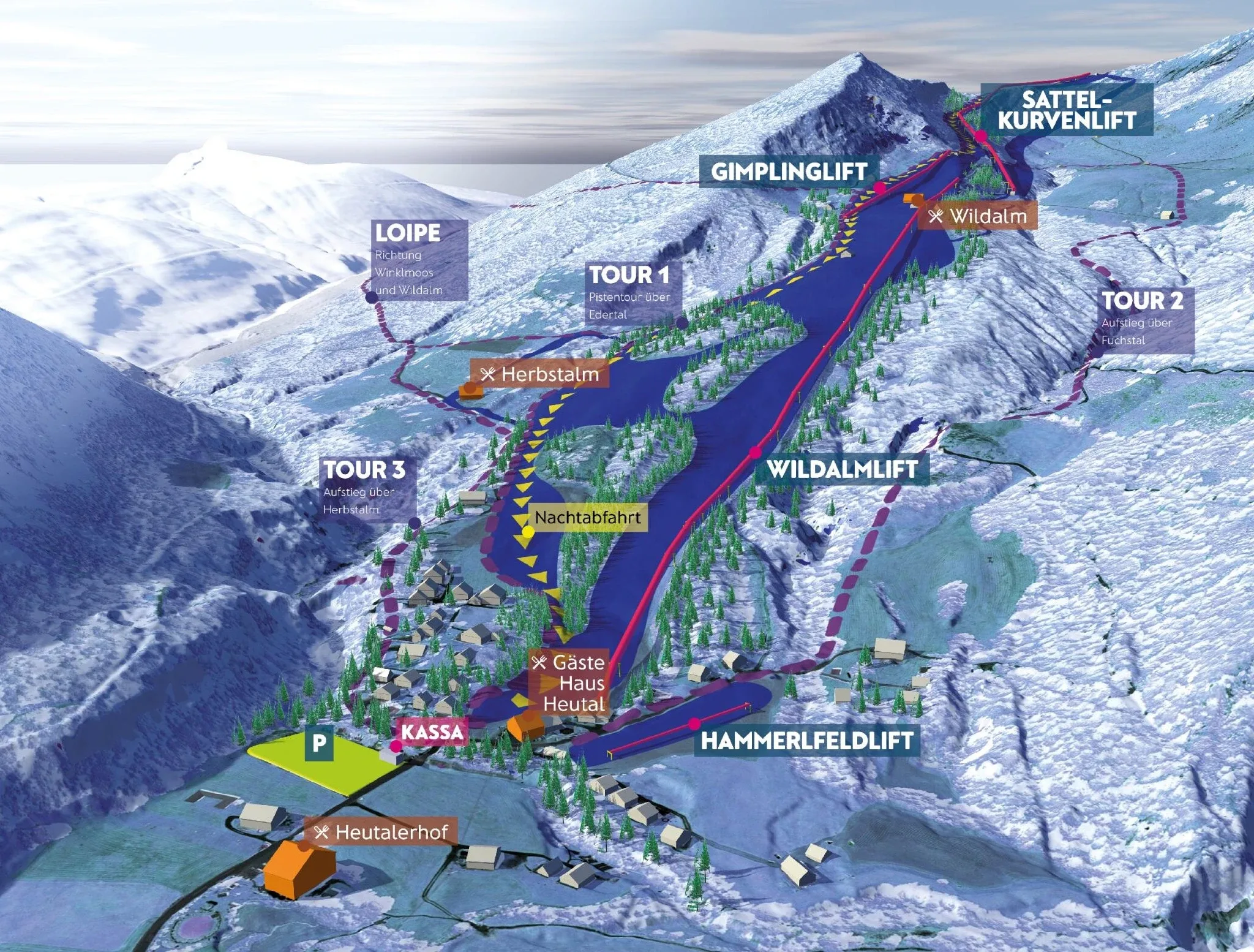 Pistenplan Heutal (Unken) 2025/26 – Übersichtskarte mit Pisten, Liften und Bergbahnen