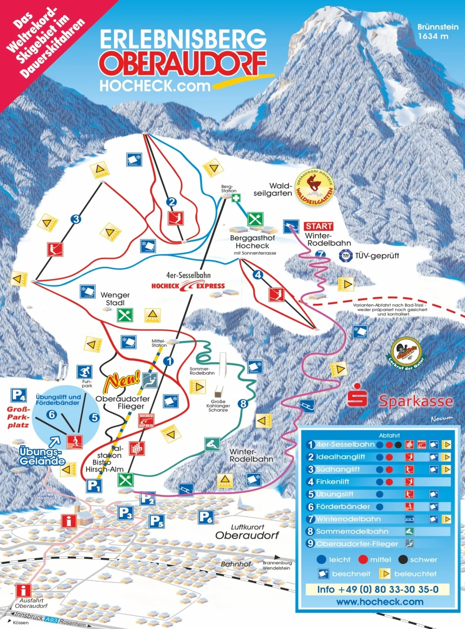 Pistenplan Hocheck (Oberaudorf) 2025/26 – Übersichtskarte mit Pisten, Liften und Bergbahnen