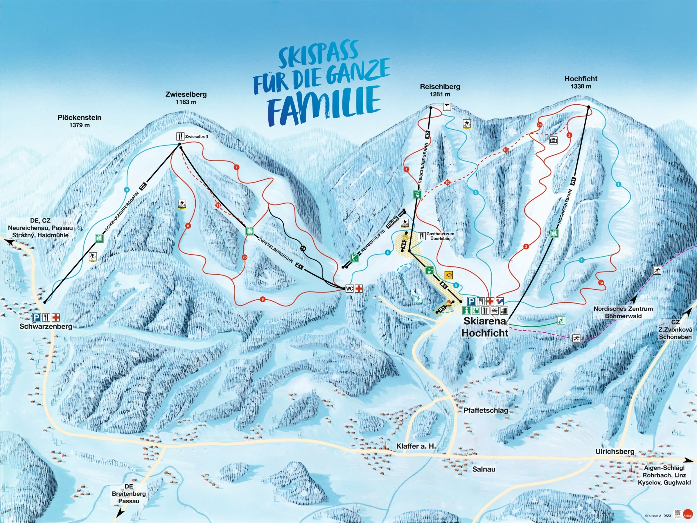 Pistenplan Hochficht (Böhmerwald) 2025/26 – Übersichtskarte mit Pisten, Liften und Bergbahnen