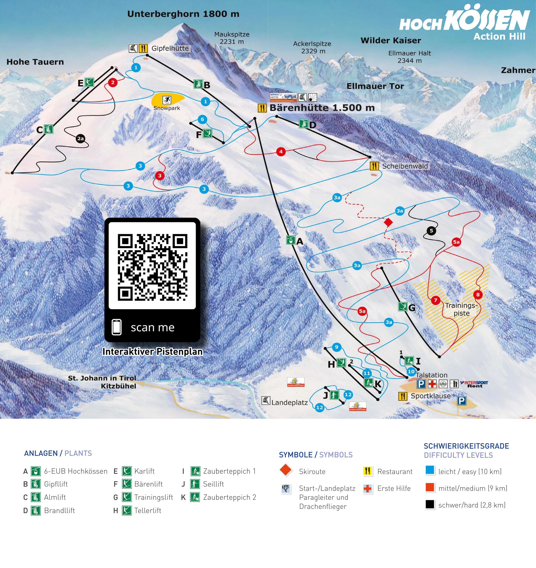 Pistenplan Hochkössen – Unterberghorn (Kössen) 2024/25 – Übersichtskarte mit Pisten, Liften und Bergbahnen