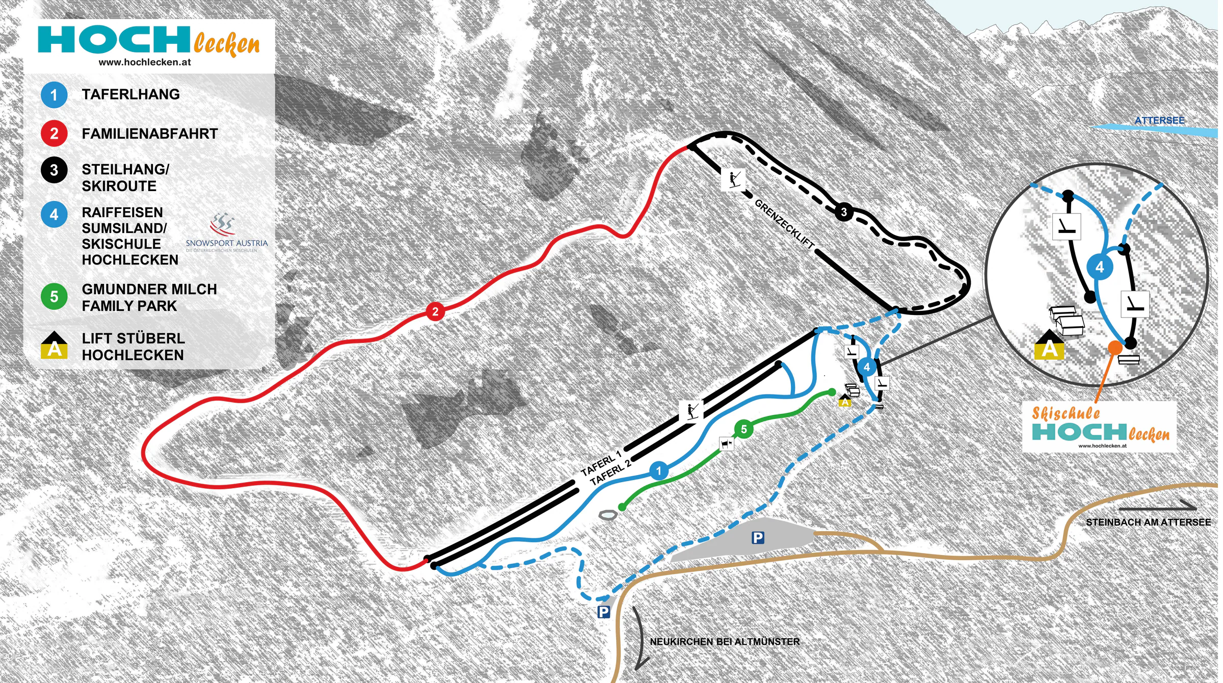 Pistenplan Hochlecken (Steinbach am Attersee) 2025/26 – Übersichtskarte mit Pisten, Liften und Bergbahnen