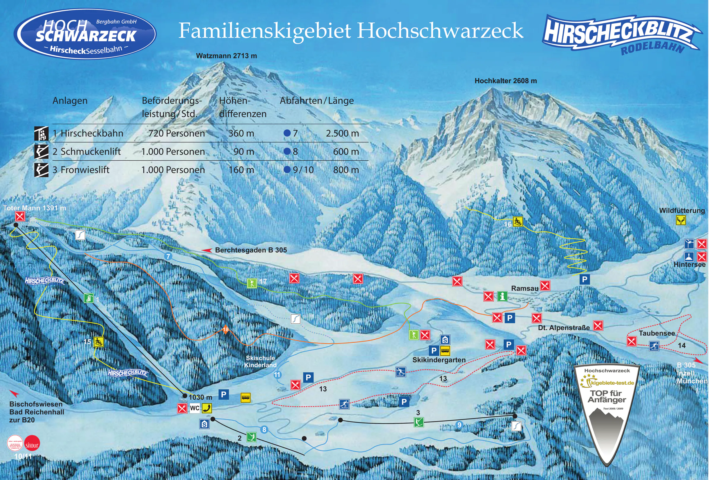 Pistenplan Hochschwarzeck (Ramsau bei Berchtesgaden) 2025/26 – Übersichtskarte mit Pisten, Liften und Bergbahnen
