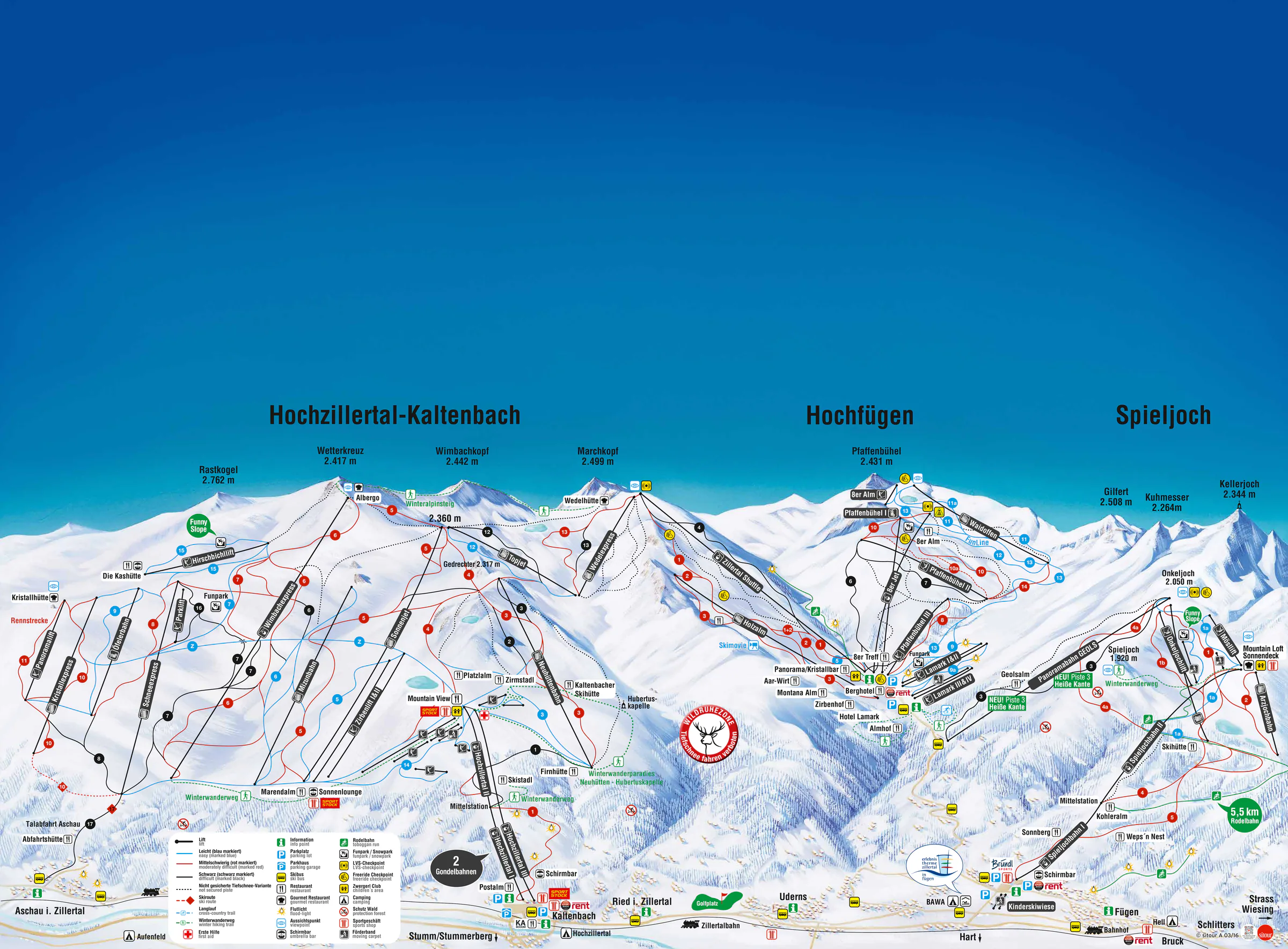 Pistenplan Hochzillertal-Hochfügen 2025/26 – Übersichtskarte mit Pisten, Liften und Bergbahnen