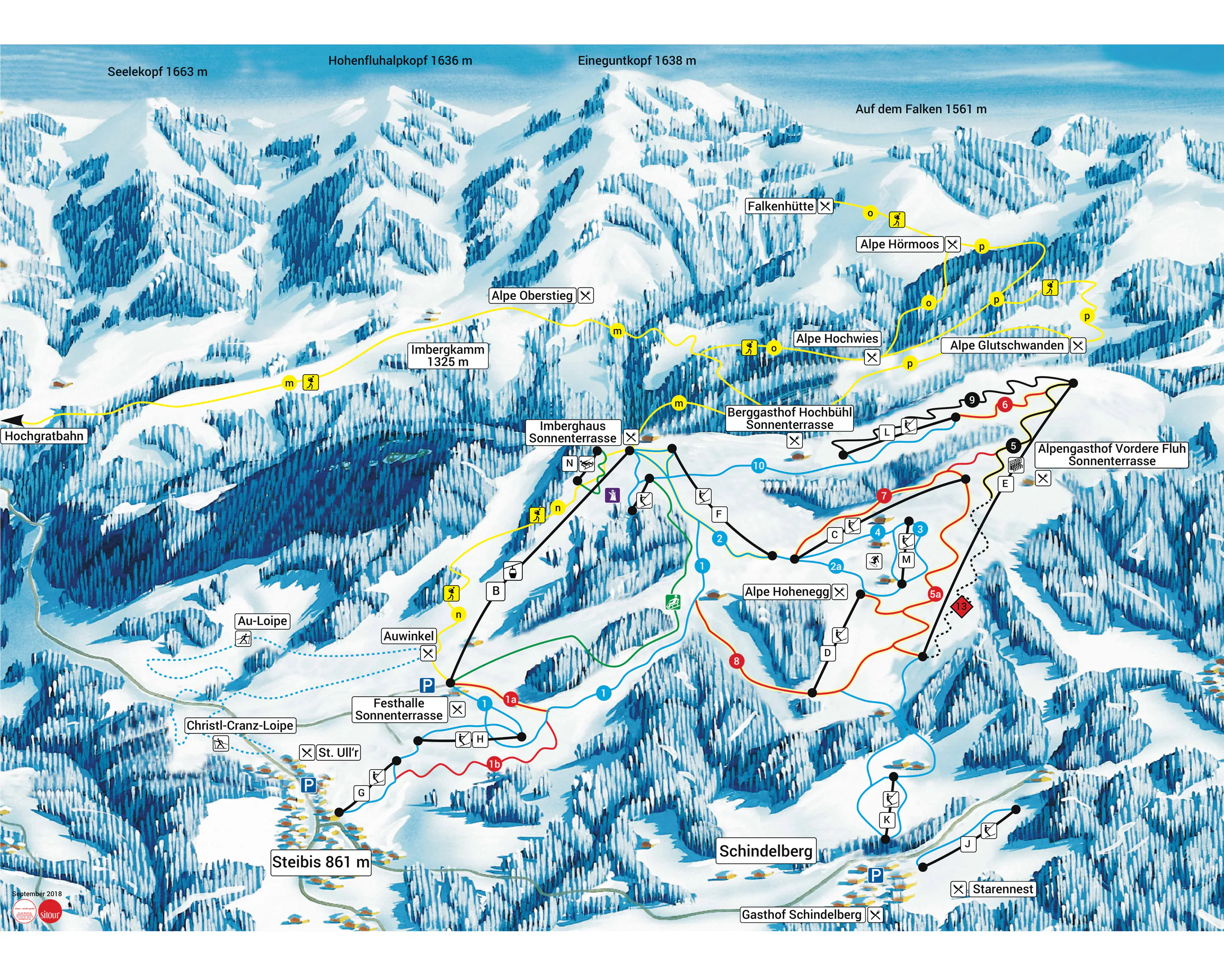 Pistenplan Huendle-Thalkirchdorf (Oberstaufen) 2025/26 – Übersichtskarte mit Pisten, Liften und Bergbahnen