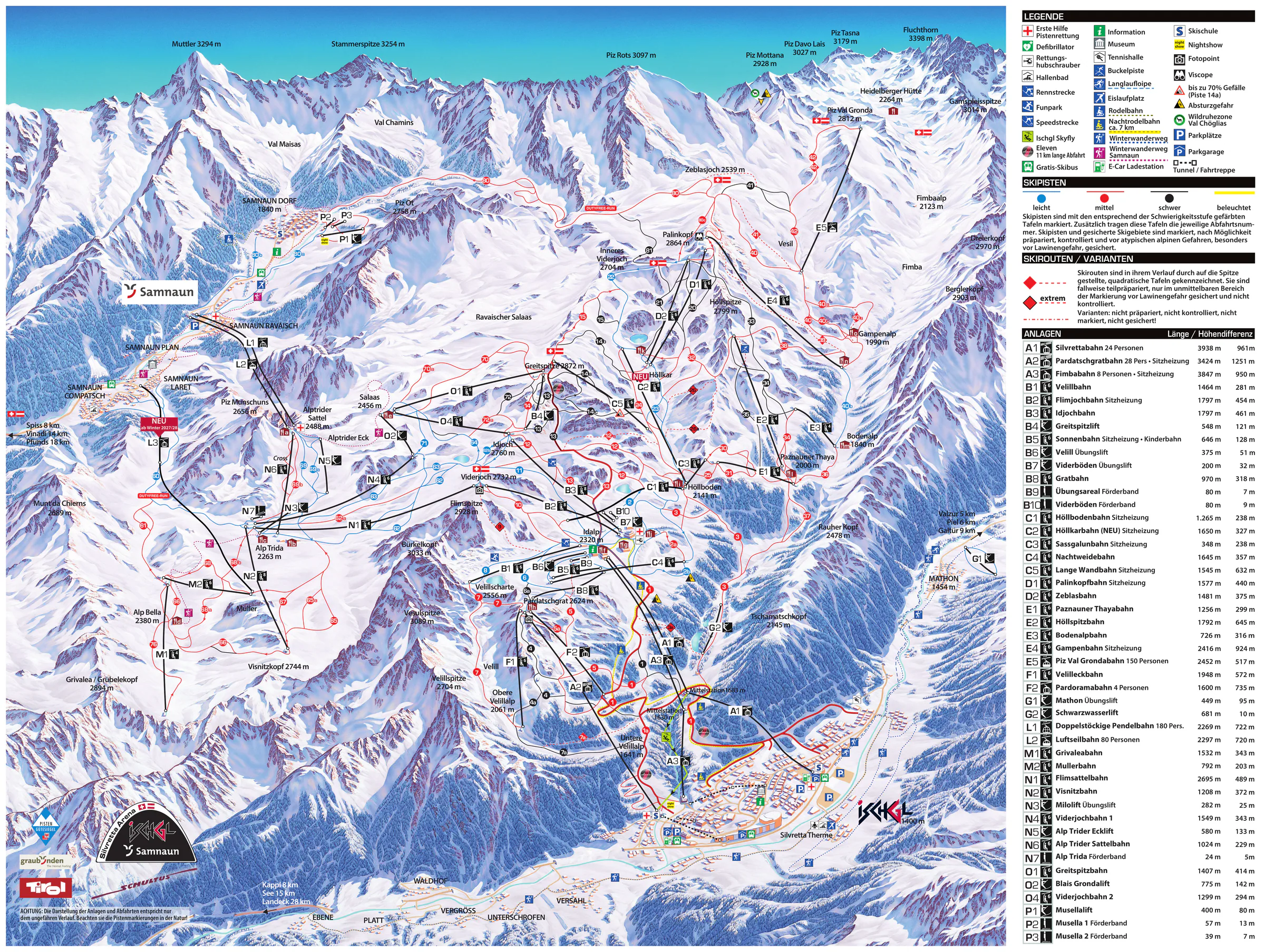 Pistenplan Ischgl – Silvretta Arena 2026/27 – Übersichtskarte mit Pisten, Liften und Bergbahnen