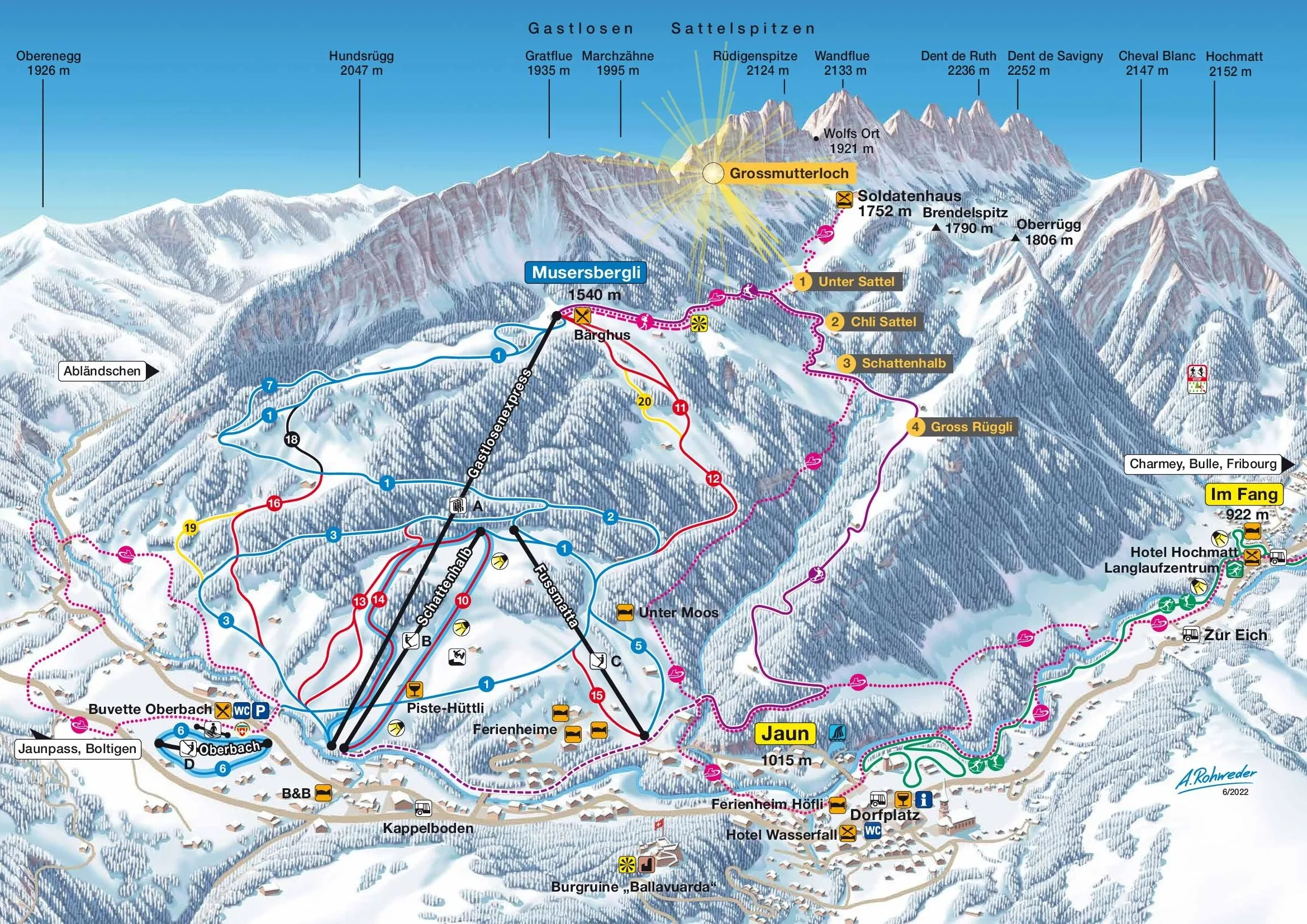 Pistenplan Jaun 2025/26 – Übersichtskarte mit Pisten, Liften und Bergbahnen