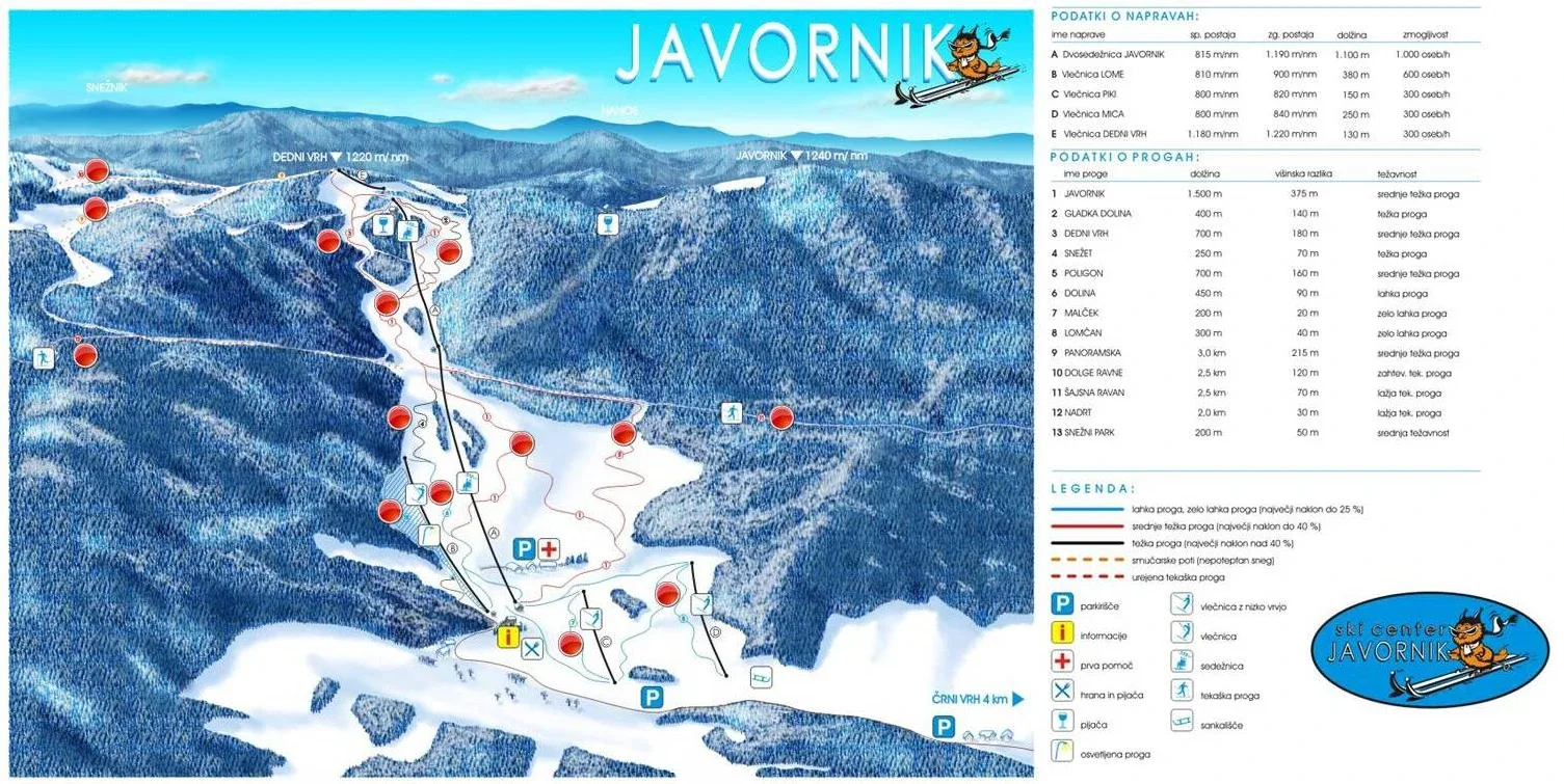 Pistenplan Javornik (Črni Vrh nad Idrijo) 2025/26 – Übersichtskarte mit Pisten, Liften und Bergbahnen