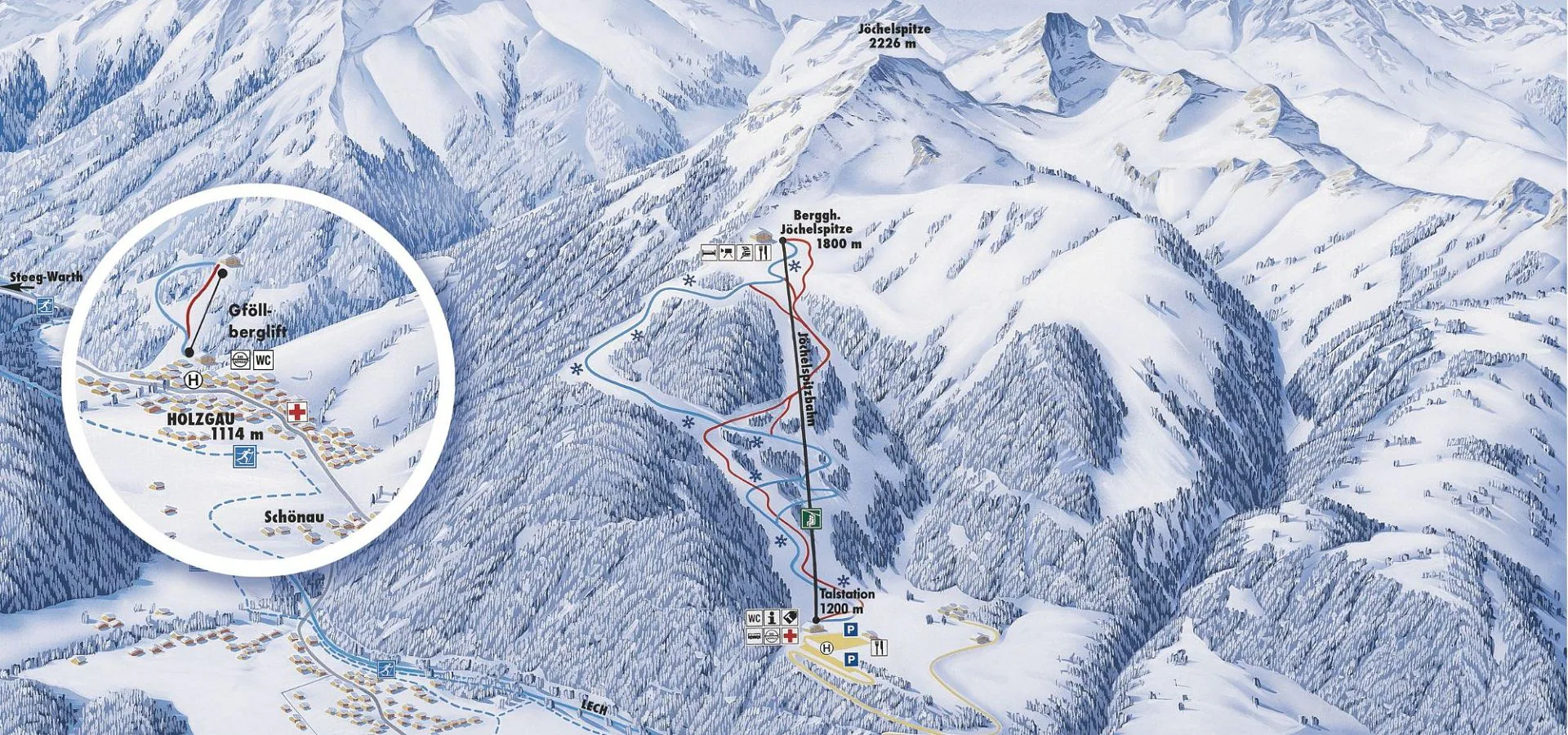 Pistenplan Jöchelspitze (Bach im Lechtal) 2025/26 – Übersichtskarte mit Pisten, Liften und Bergbahnen