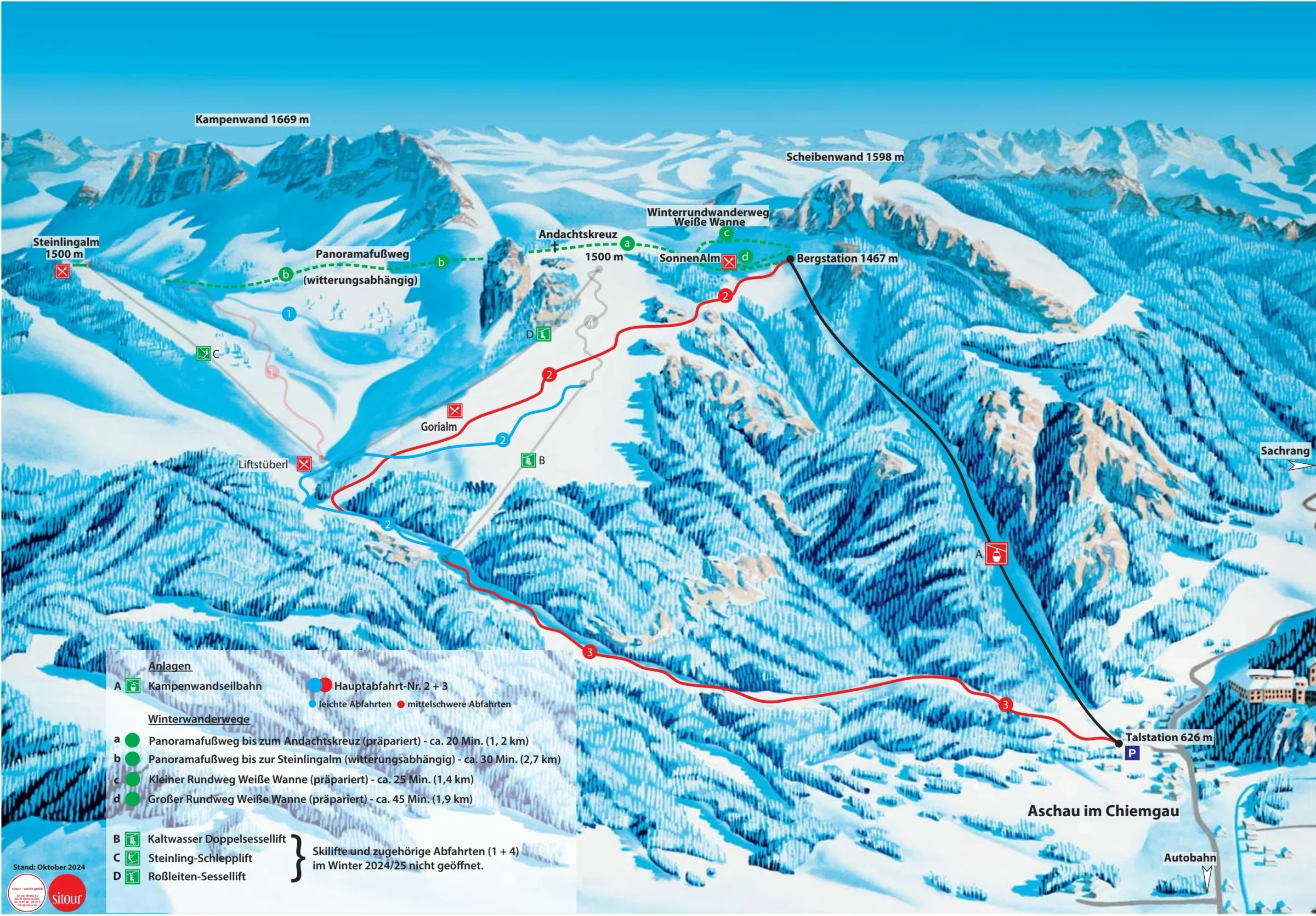 Pistenplan Kampenwand (Aschau im Chiemgau) 2025/26 – Übersichtskarte mit Pisten, Liften und Bergbahnen