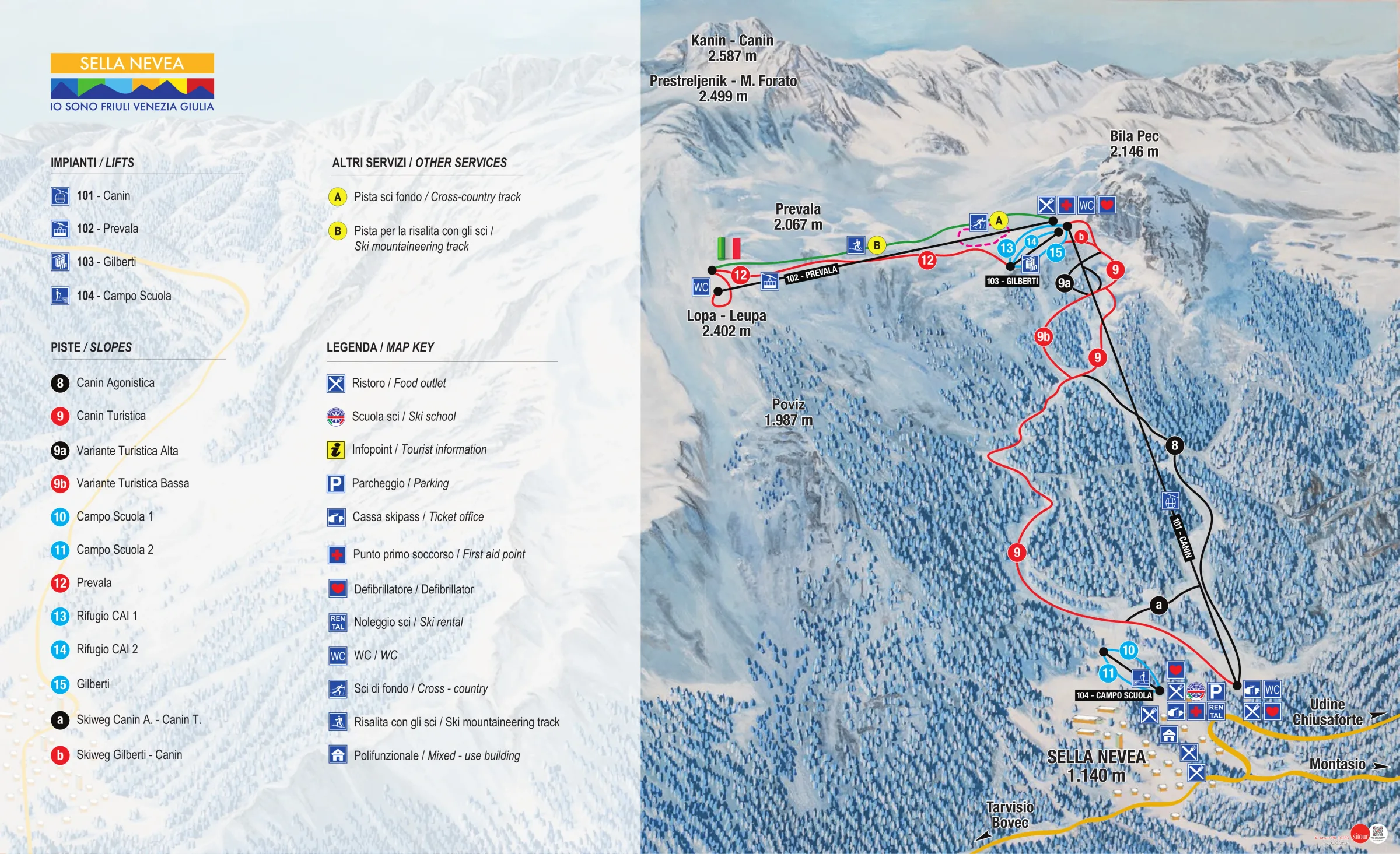 Pistenplan Kanin - Sella Nevea 2025/26 – Übersichtskarte mit Pisten, Liften und Bergbahnen
