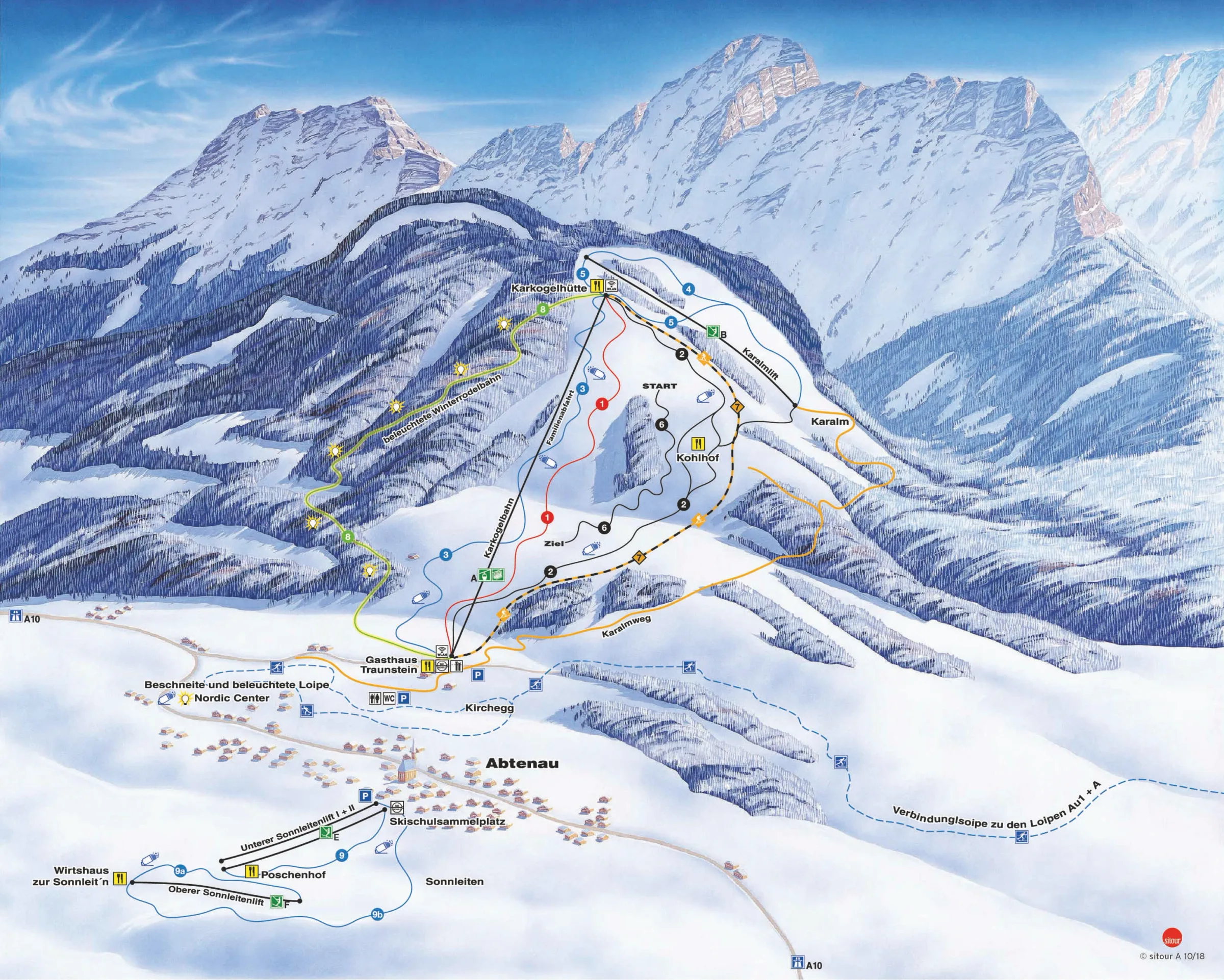 Pistenplan Karkogel (Abtenau) 2025/26 – Übersichtskarte mit Pisten, Liften und Bergbahnen