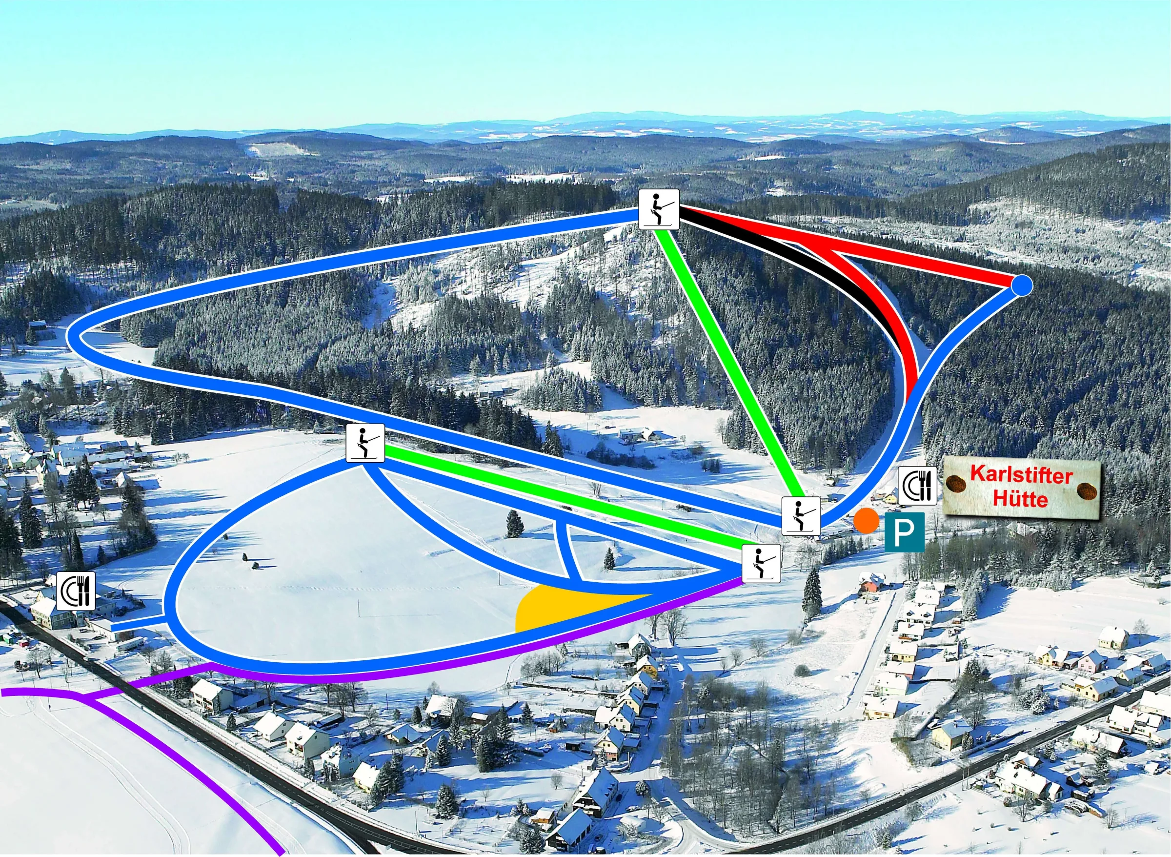 Pistenplan Aichelberglifte Karlstift 2025/26 – Übersichtskarte mit Pisten, Liften und Bergbahnen