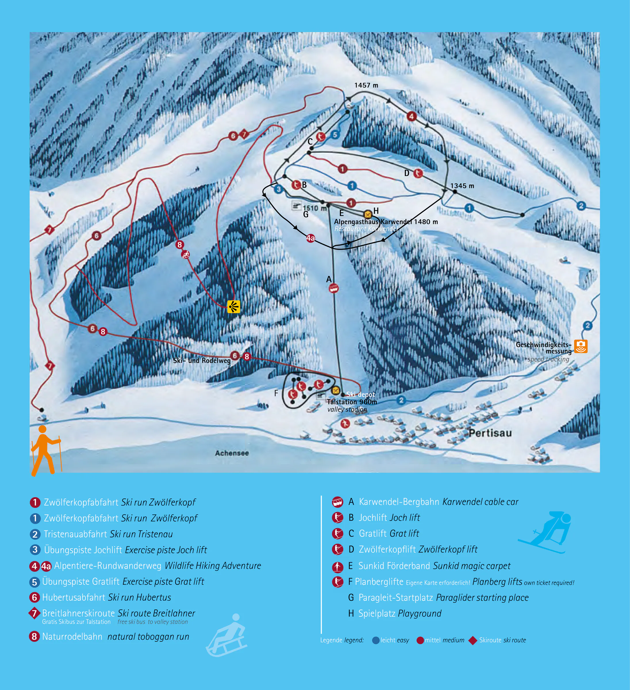 Pistenplan Karwendel-Bergbahn (Pertisau) 2026/27 – Übersichtskarte mit Pisten, Liften und Bergbahnen