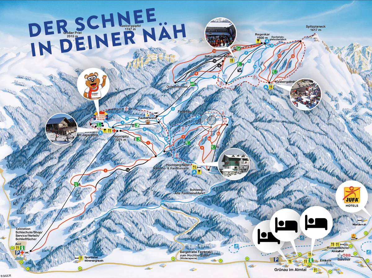 Pistenplan Kasberg (Grünau im Almtal) 2025/26 – Übersichtskarte mit Pisten, Liften und Bergbahnen