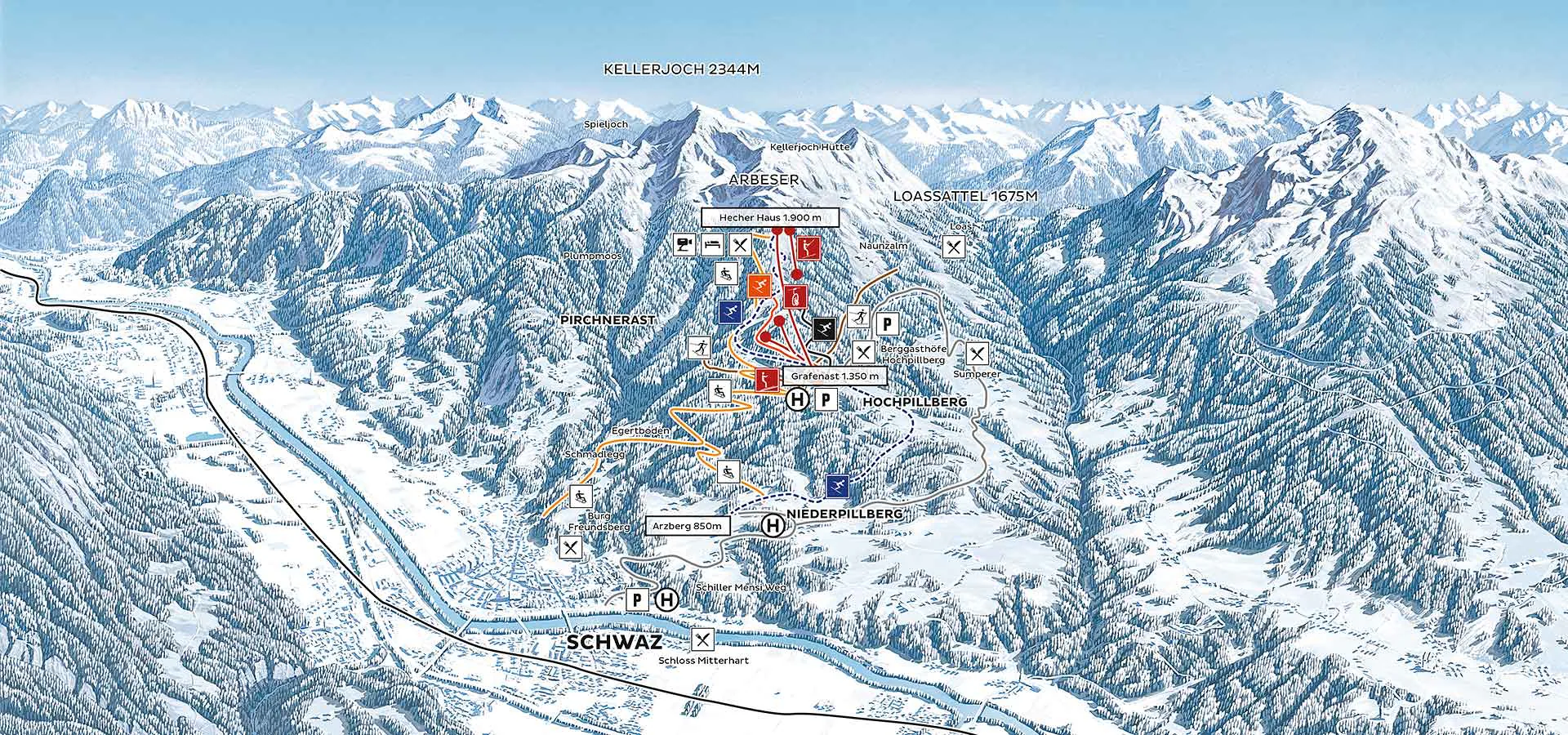 Pistenplan Kellerjoch (Schwaz) 2021/22 – Übersichtskarte mit Pisten, Liften und Bergbahnen