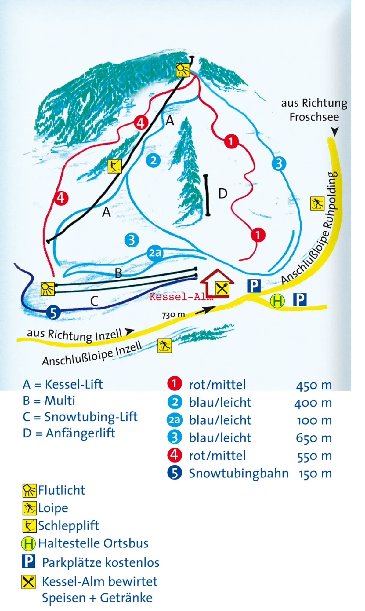 Pistenplan Kessellifte (Inzell) 2025/26 – Übersichtskarte mit Pisten, Liften und Bergbahnen