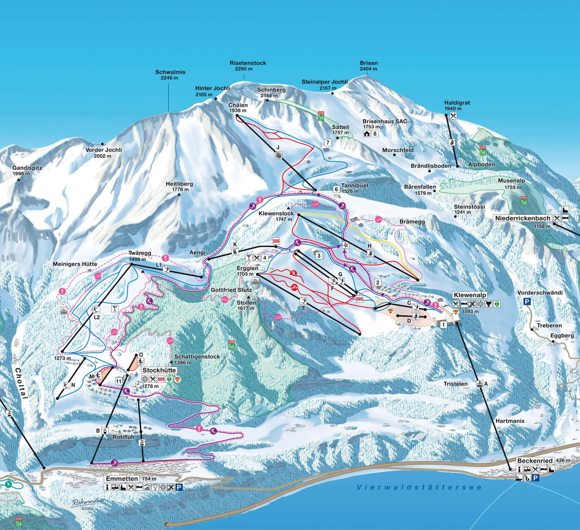 Pistenplan Klewenalp-Stockhütte 2025/26 – Übersichtskarte mit Pisten, Liften und Bergbahnen