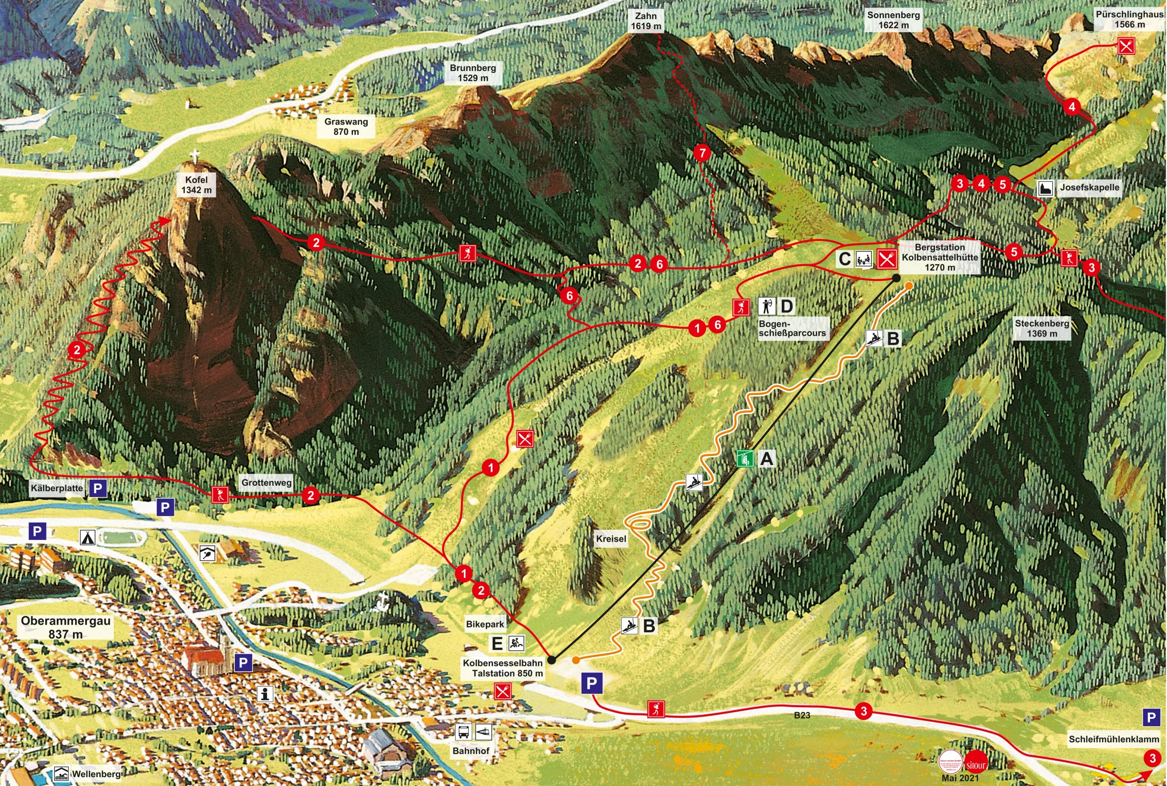 Pistenplan Kolbensattel (Oberammergau) 2025/26 – Übersichtskarte mit Pisten, Liften und Bergbahnen