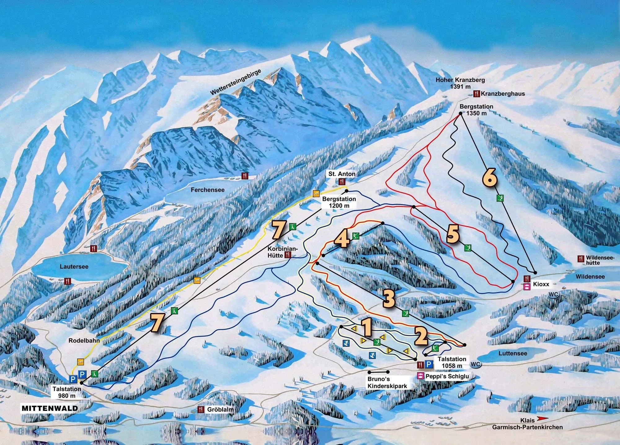 Pistenplan Kranzberg (Mittenwald) 2025/26 – Übersichtskarte mit Pisten, Liften und Bergbahnen