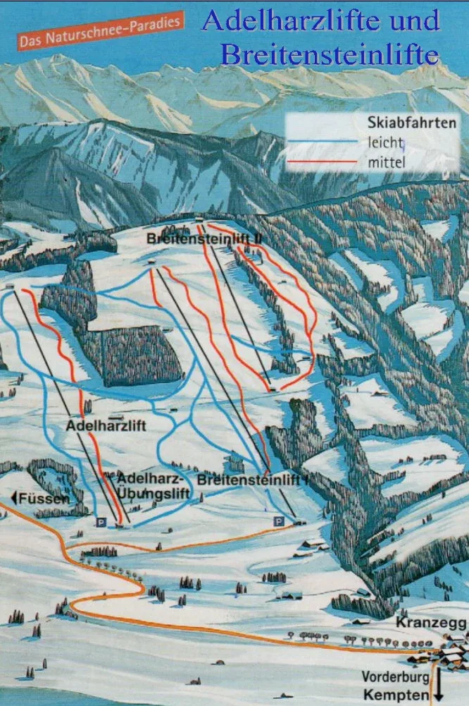 Pistenplan Kranzegg am Gruenten (Adelharz- und Breitensteinlifte) 2025/26 – Übersichtskarte mit Pisten, Liften und Bergbahnen