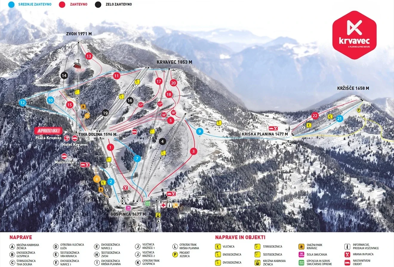 Pistenplan Krvavec 2025/26 – Übersichtskarte mit Pisten, Liften und Bergbahnen