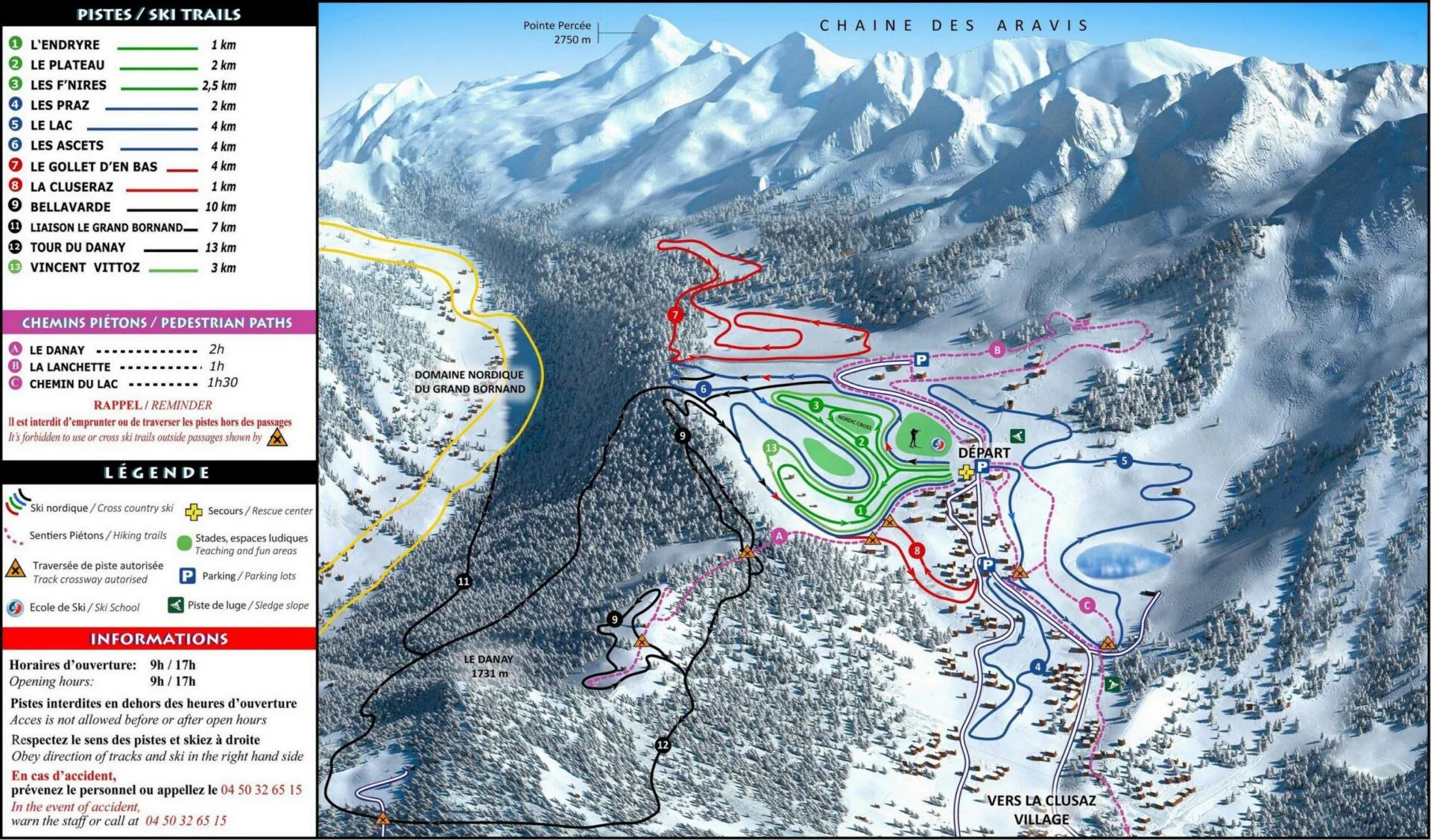 Pistenplan La Clusaz 2025/26 – Übersichtskarte mit Pisten, Liften und Bergbahnen