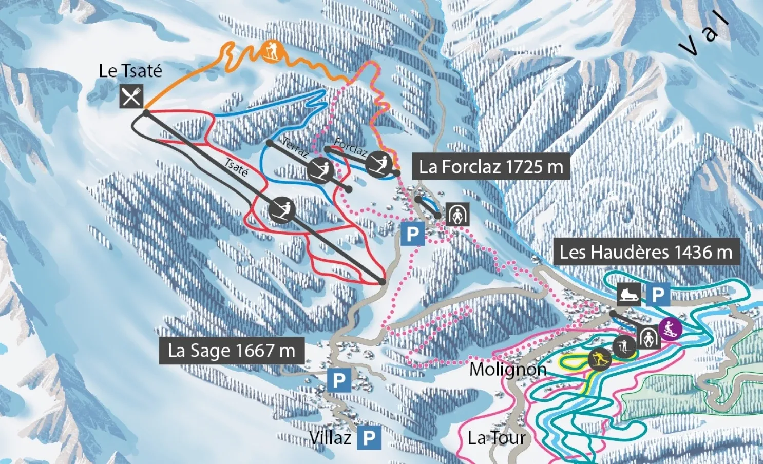 Pistenplan La Forclaz – La Sage 2025/26 – Übersichtskarte mit Pisten, Liften und Bergbahnen