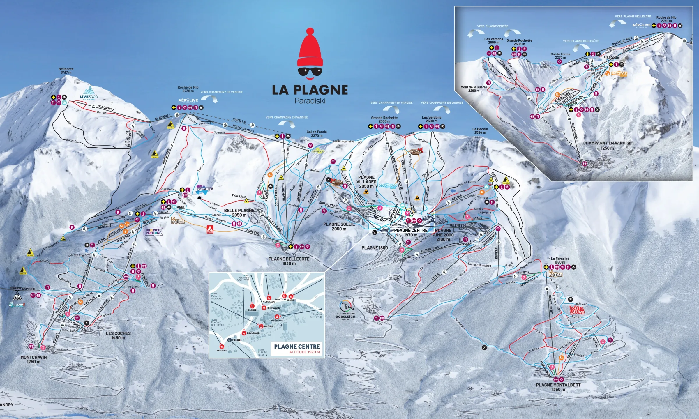 Pistenplan La Plagne 2025/26 – Übersichtskarte mit Pisten, Liften und Bergbahnen