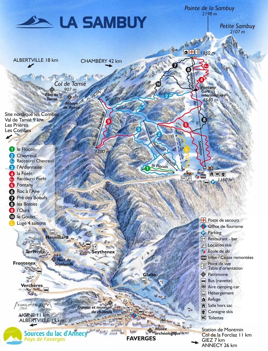 Pistenplan La Sambuy Seythenex 2025/26 – Übersichtskarte mit Pisten, Liften und Bergbahnen