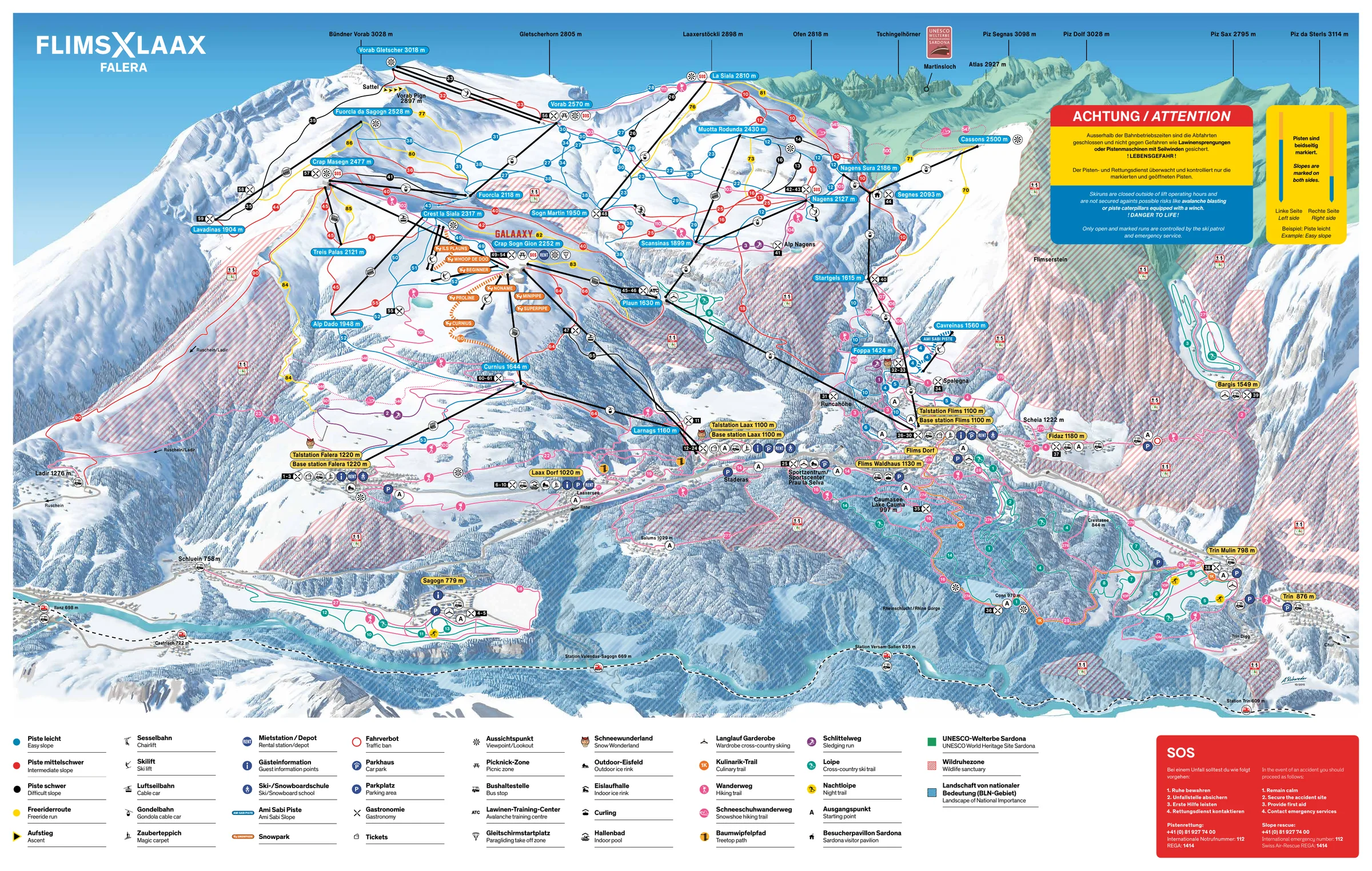 Pistenplan Laax 2025/26 – Übersichtskarte mit Pisten, Liften und Bergbahnen