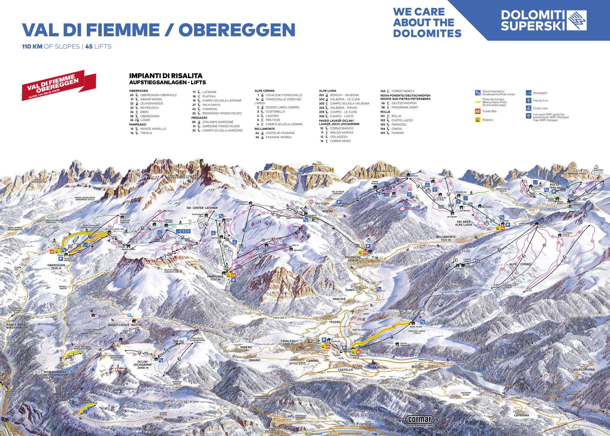 Pistenplan Latemar – Obereggen 2025/26 – Übersichtskarte mit Pisten, Liften und Bergbahnen