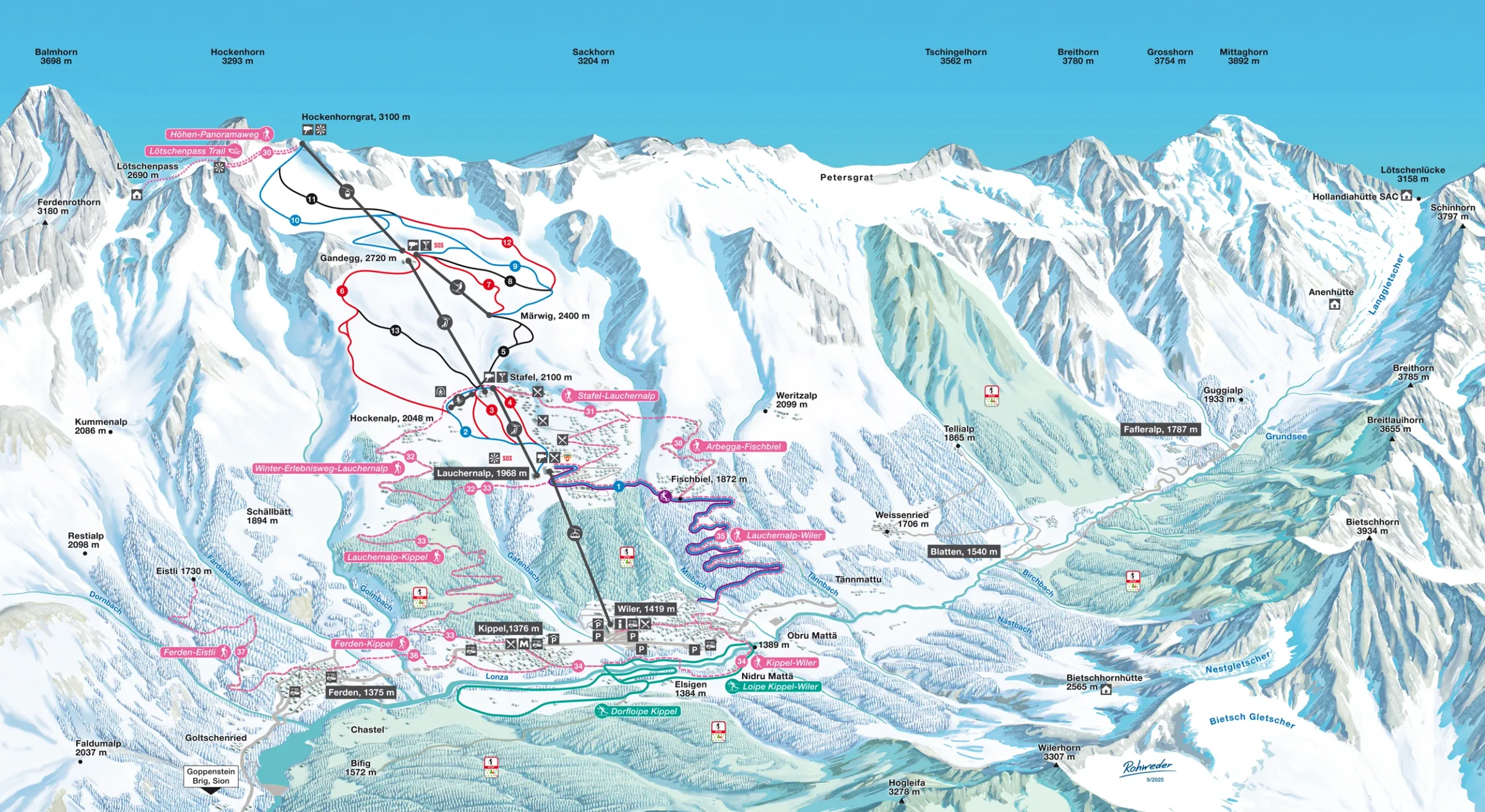 Pistenplan Lauchernalp (Lötschental) 2025/26 – Übersichtskarte mit Pisten, Liften und Bergbahnen