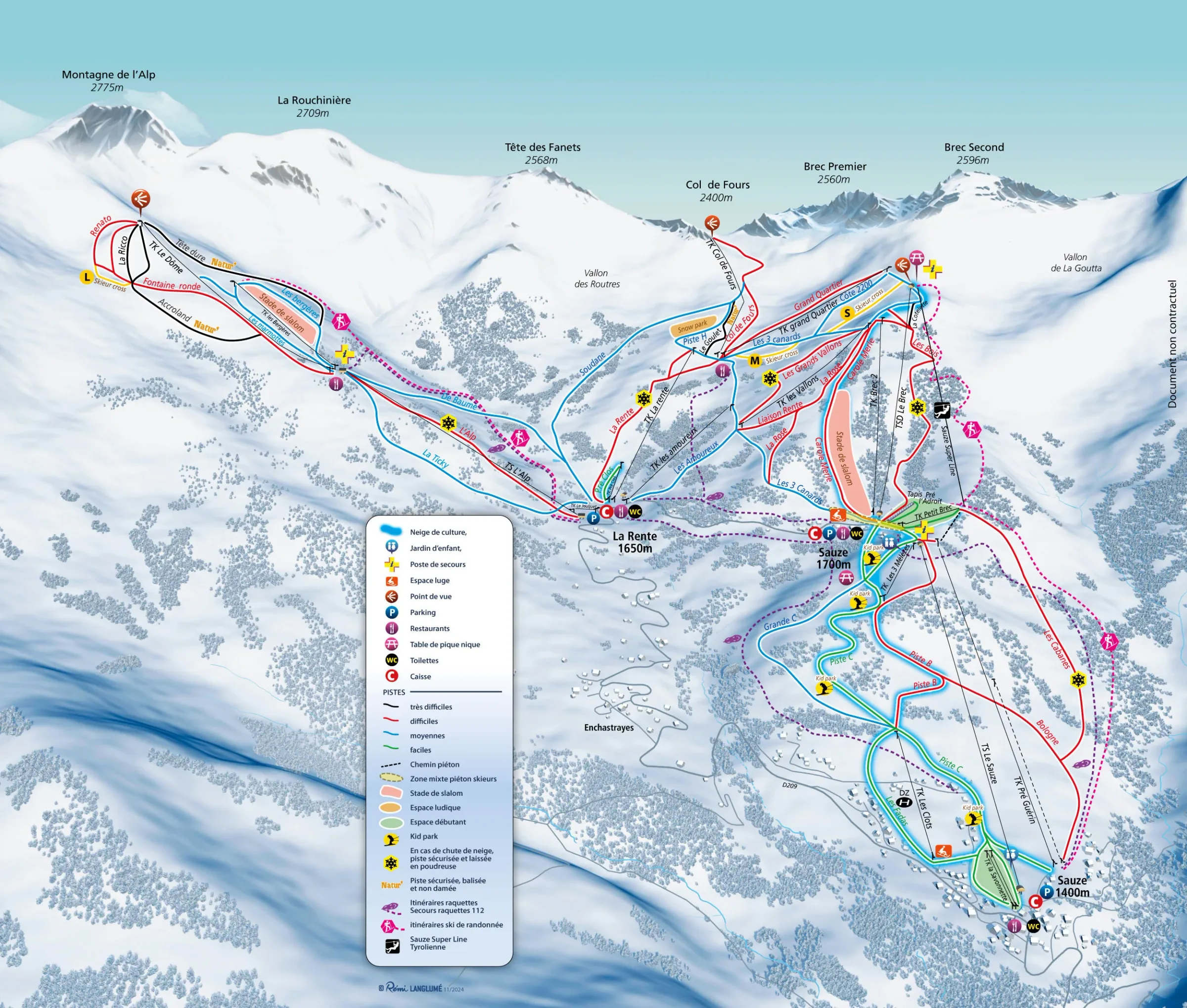 Pistenplan Le Sauze / Super-Sauze 2025/26 – Übersichtskarte mit Pisten, Liften und Bergbahnen