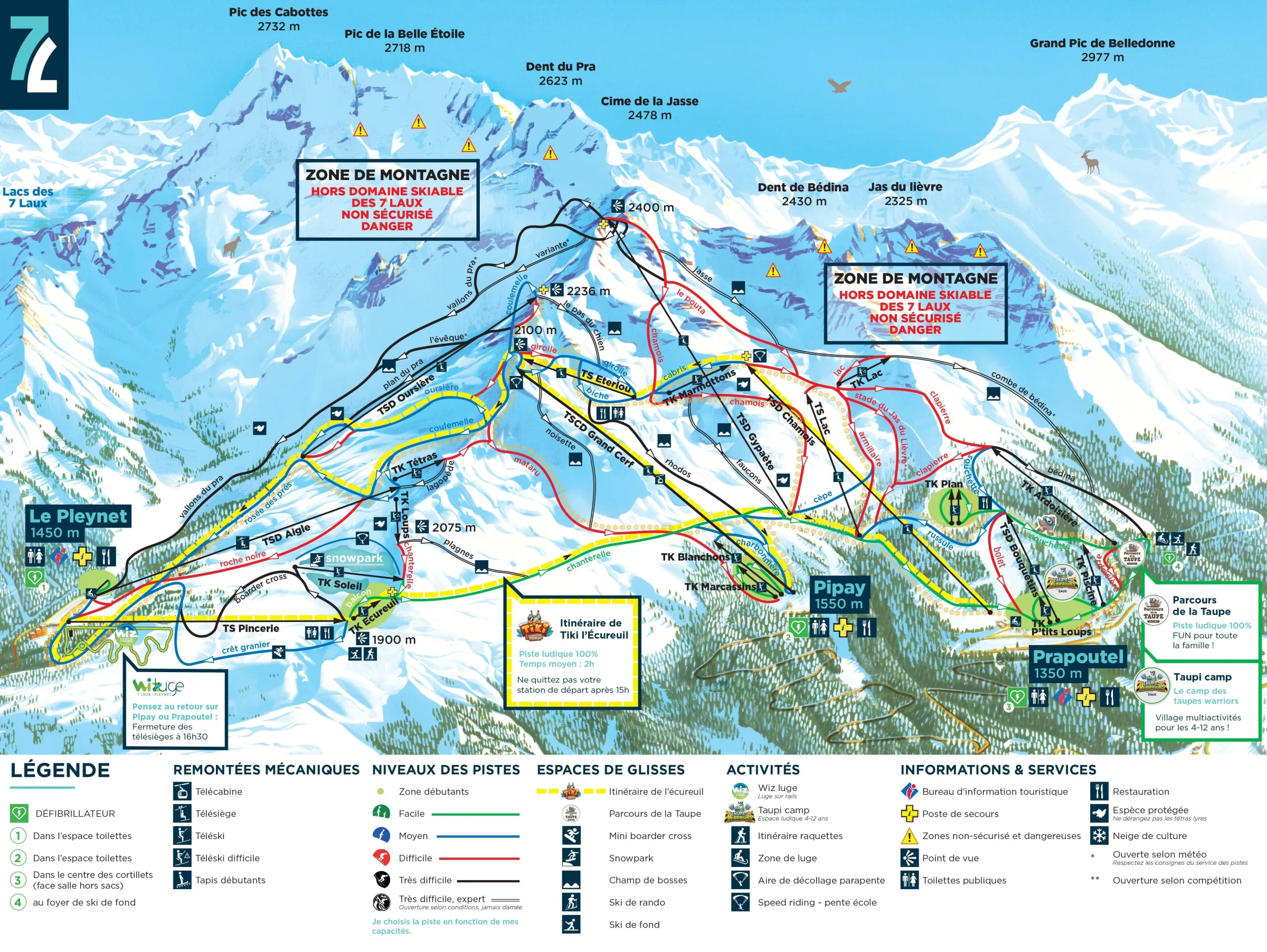 Pistenplan Les 7 Laux 2025/26 – Übersichtskarte mit Pisten, Liften und Bergbahnen