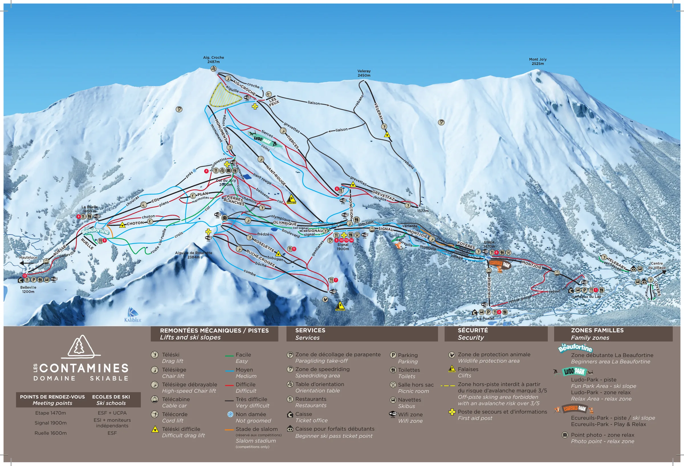 Pistenplan Les Contamines 2025/26 – Übersichtskarte mit Pisten, Liften und Bergbahnen