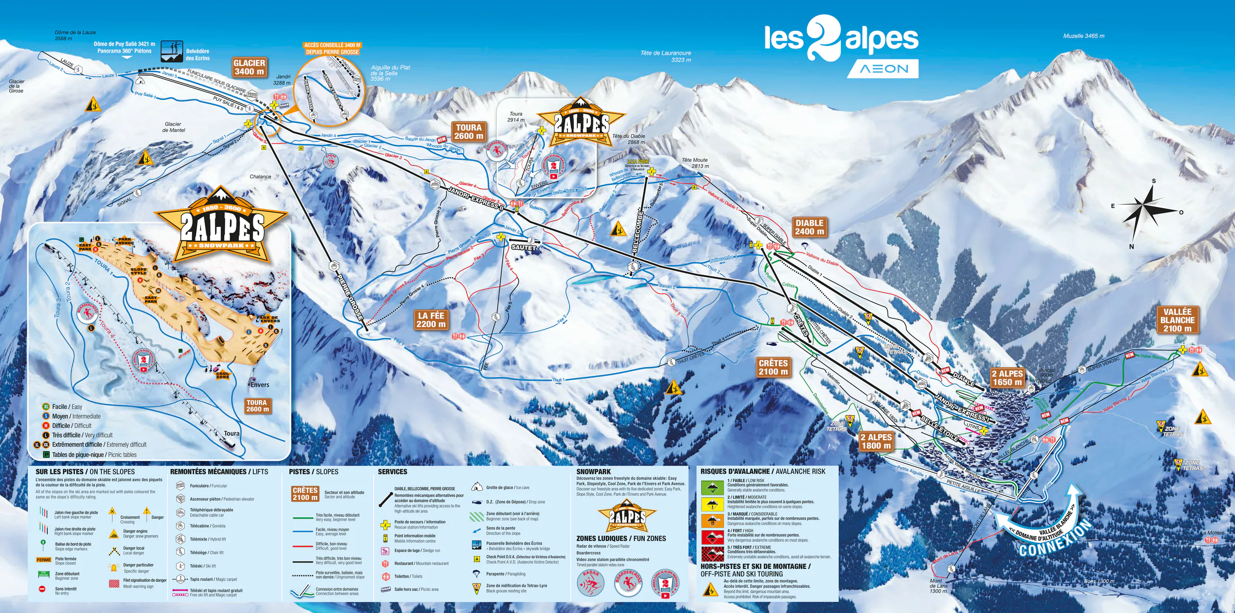Pistenplan Les Deux Alpes 2025/26 – Übersichtskarte mit Pisten, Liften und Bergbahnen