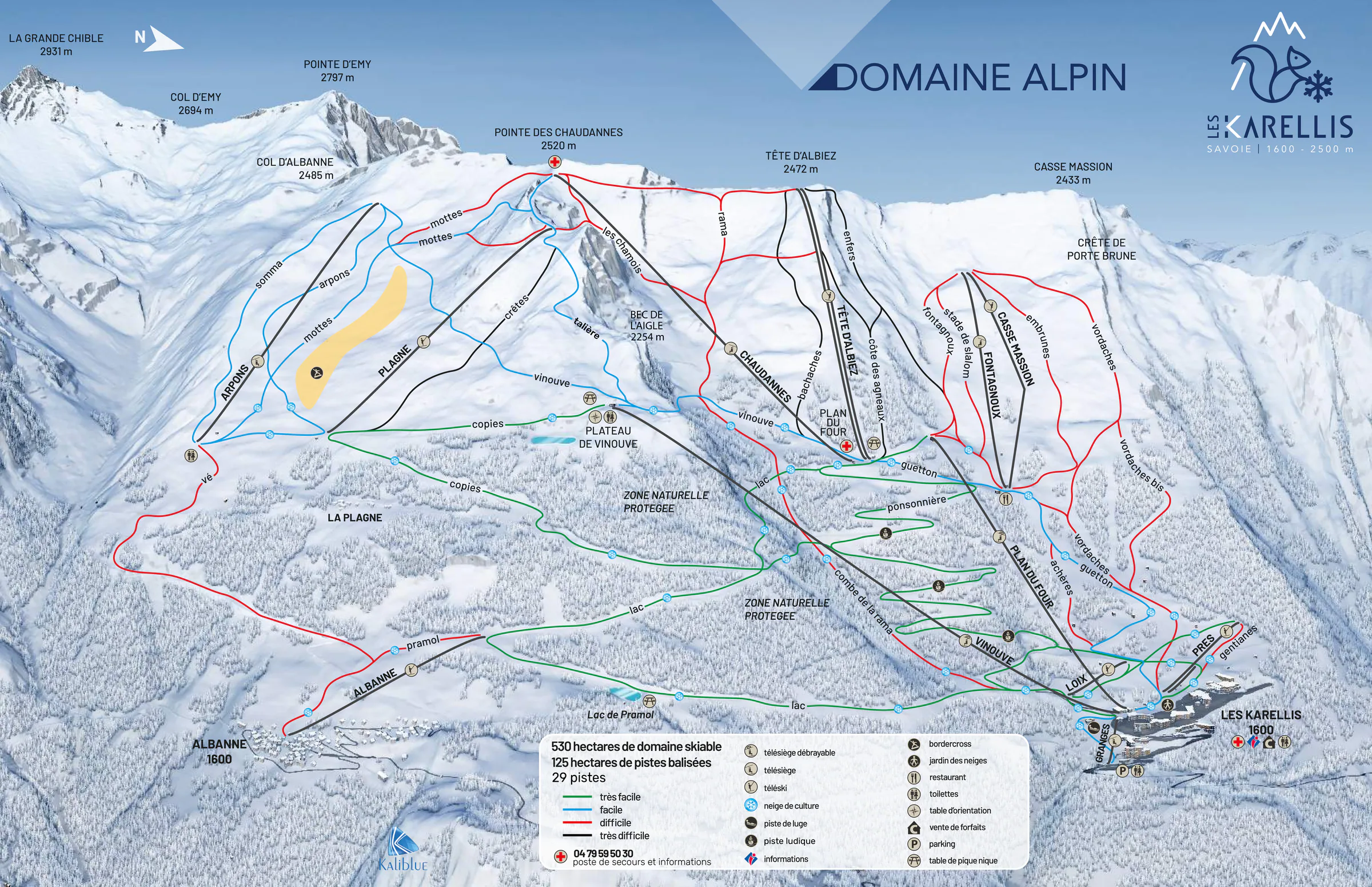 Pistenplan Les Karellis 2025/26 – Übersichtskarte mit Pisten, Liften und Bergbahnen