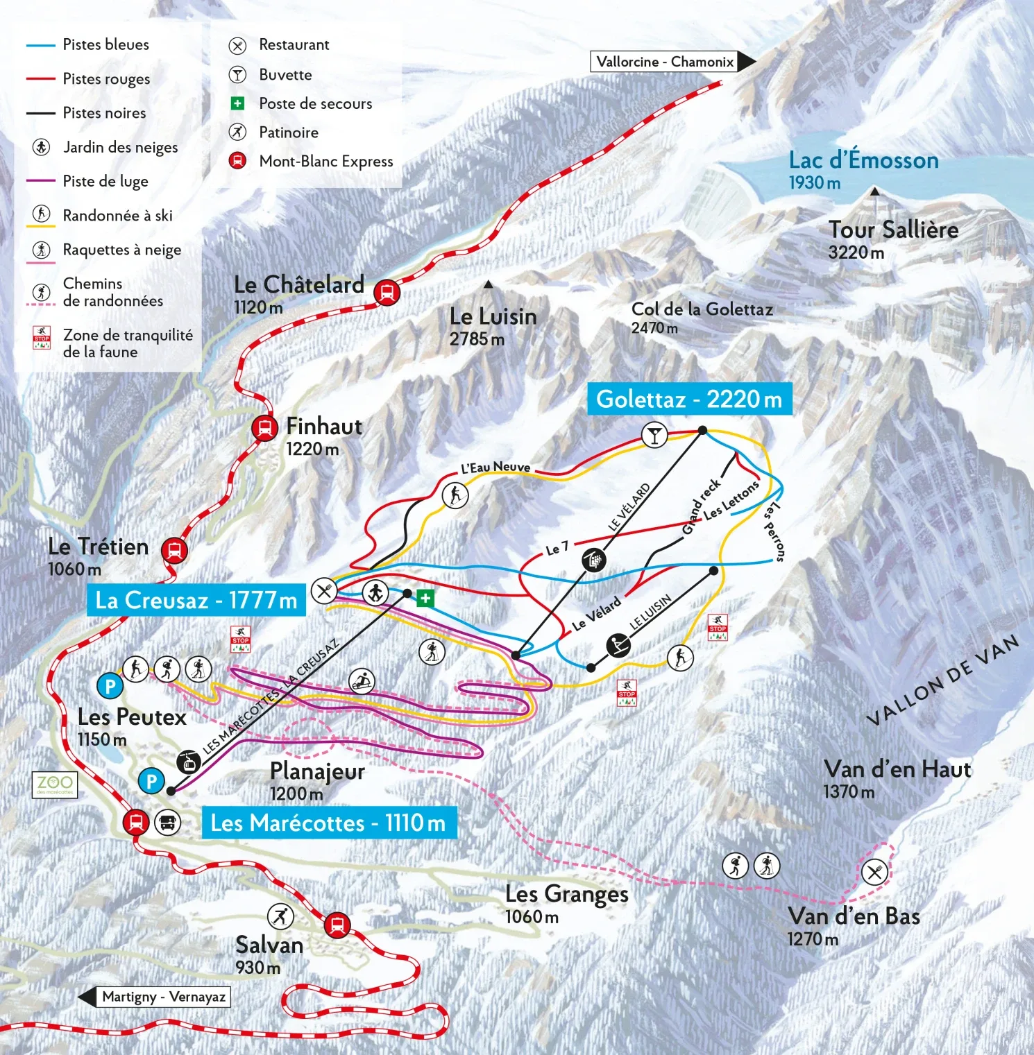 Pistenplan Les Marécottes 2025/26 – Übersichtskarte mit Pisten, Liften und Bergbahnen
