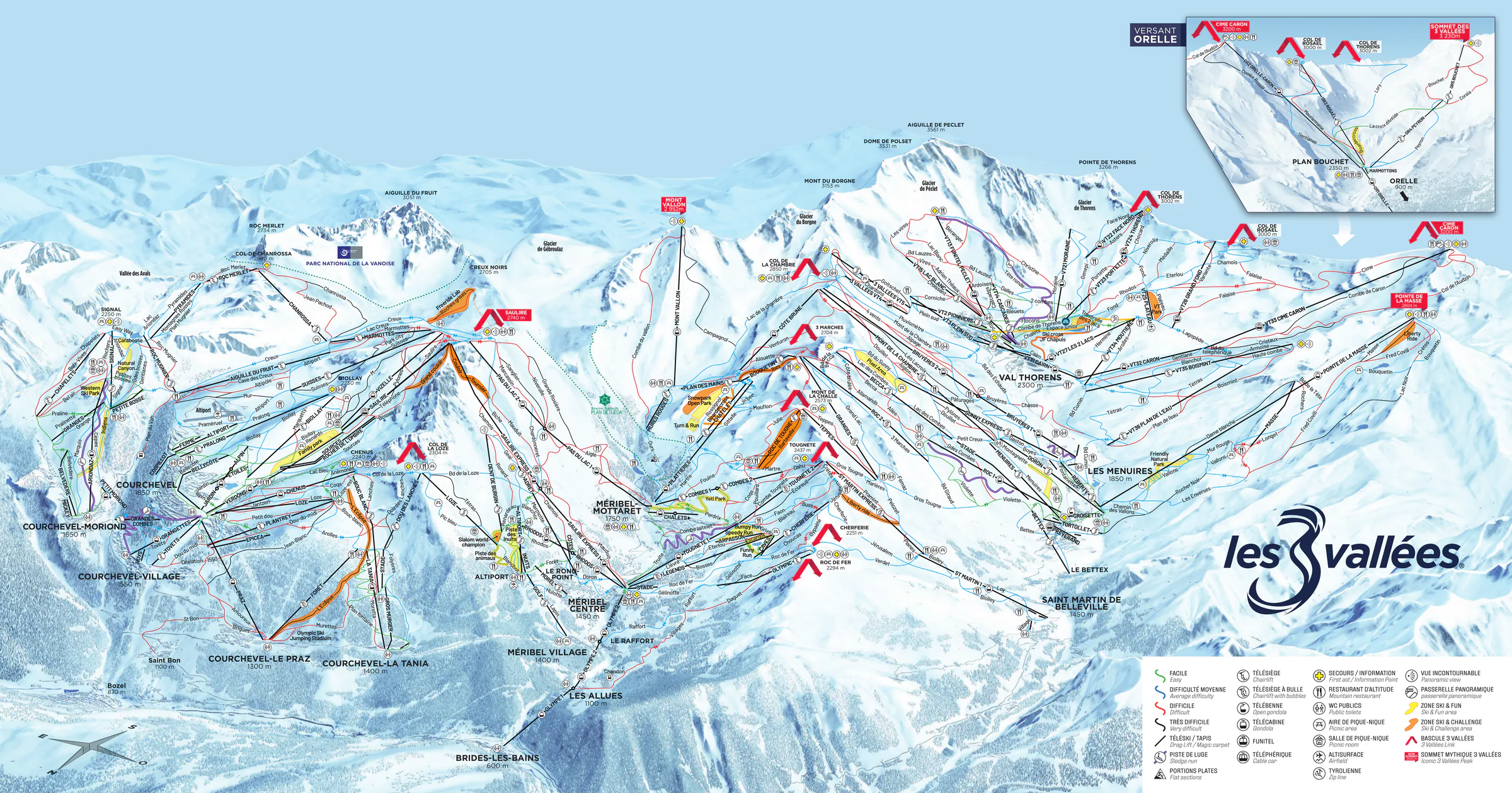 Pistenplan Les Menuires 2025/26 – Übersichtskarte mit Pisten, Liften und Bergbahnen