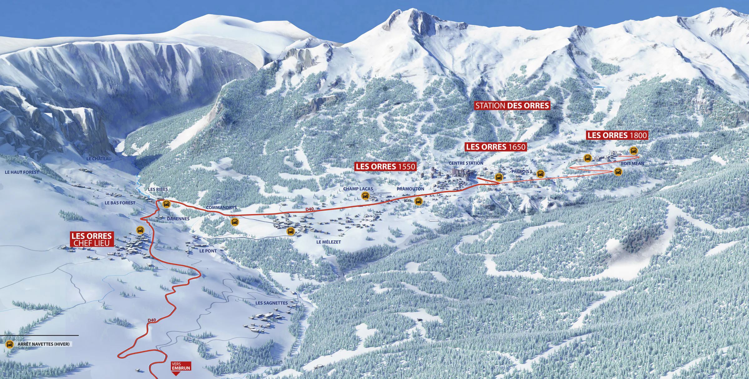 Pistenplan Les Orres 2025/26 – Übersichtskarte mit Pisten, Liften und Bergbahnen