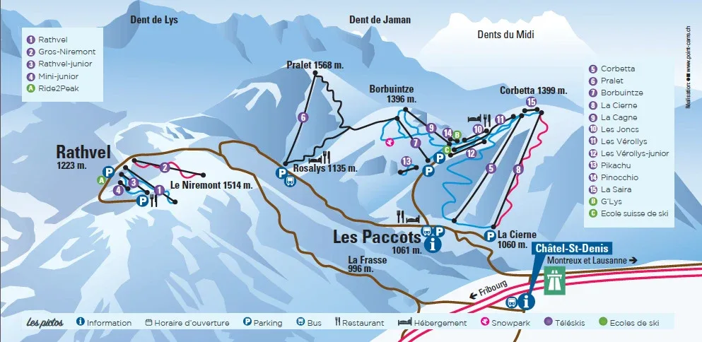 Pistenplan Les Paccots 2025/26 – Übersichtskarte mit Pisten, Liften und Bergbahnen