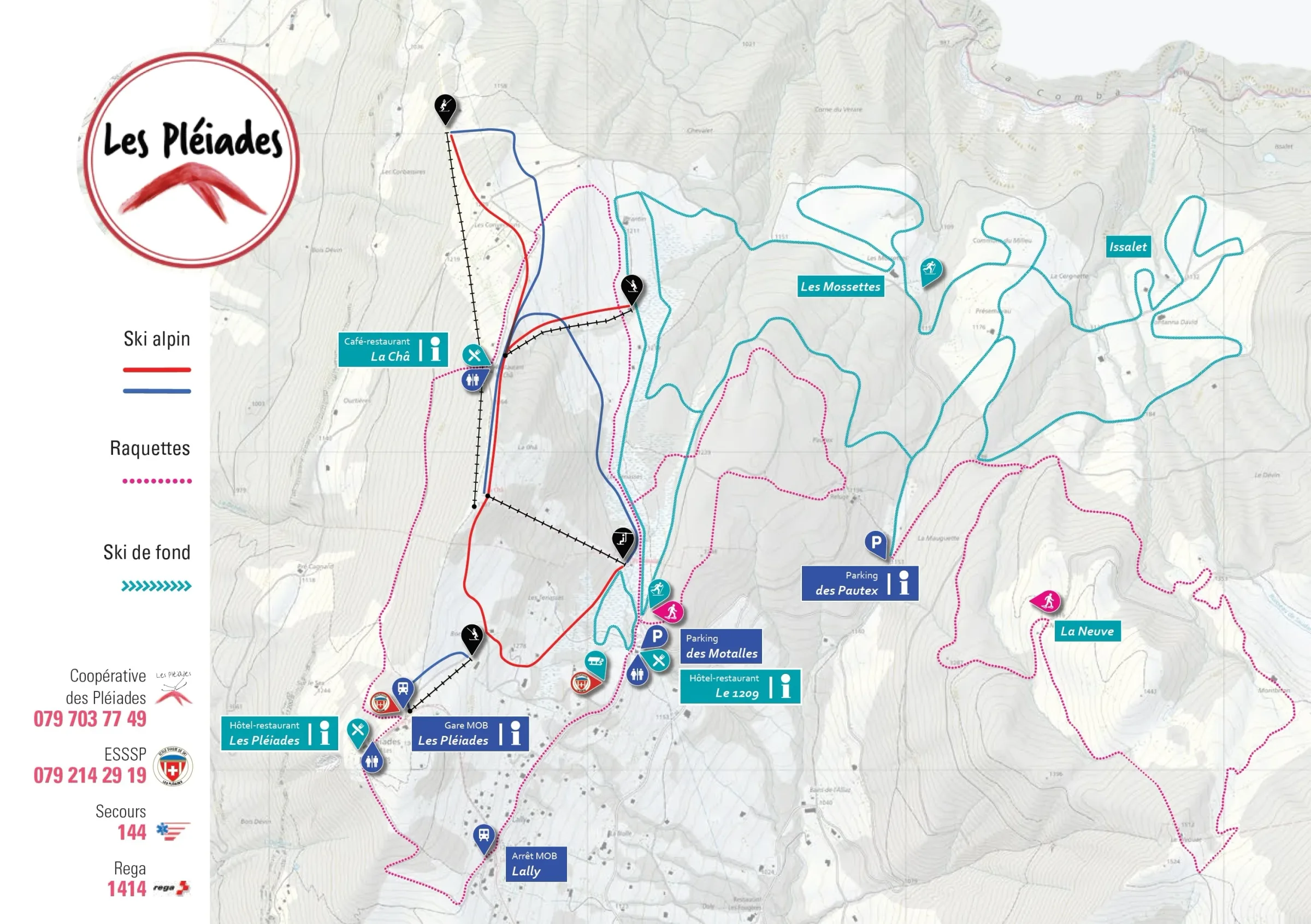 Pistenplan Les Pléiades 2025/26 – Übersichtskarte mit Pisten, Liften und Bergbahnen
