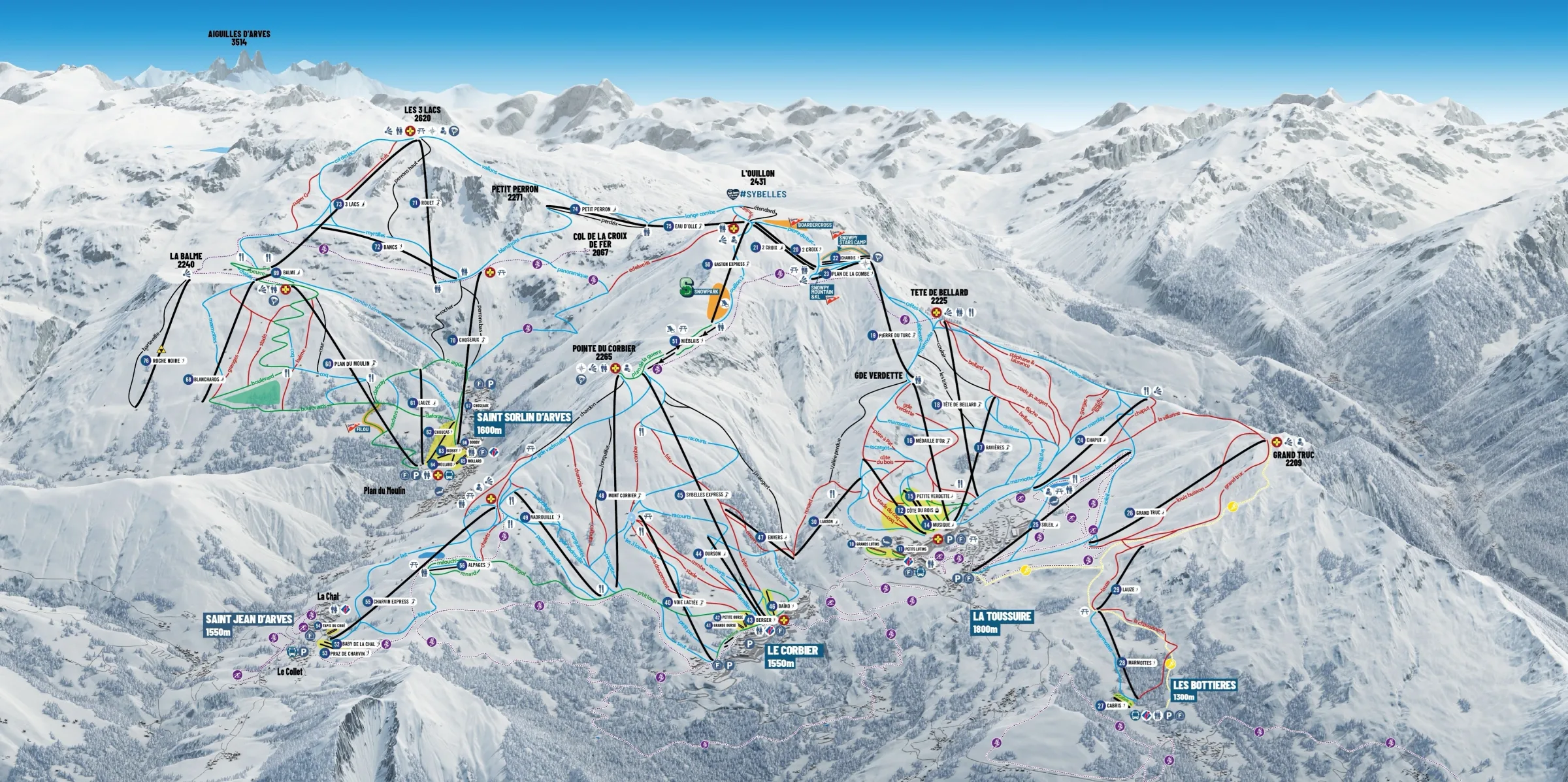 Pistenplan Les Sybelles 2025/26 – Übersichtskarte mit Pisten, Liften und Bergbahnen
