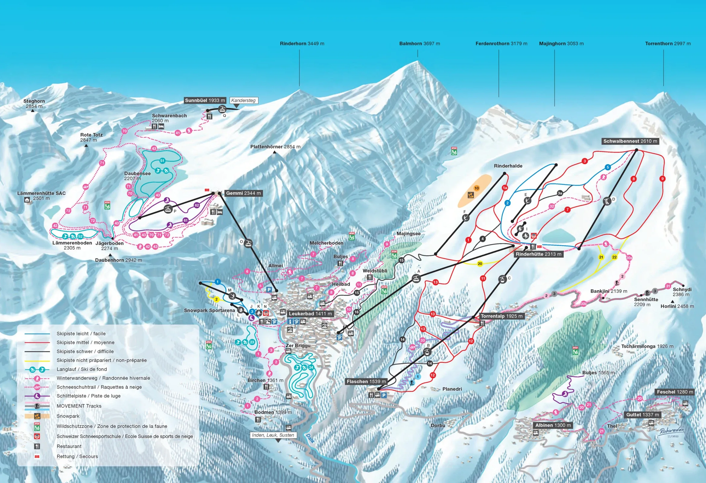 Pistenplan Leukerbad – Torrent 2025/26 – Übersichtskarte mit Pisten, Liften und Bergbahnen
