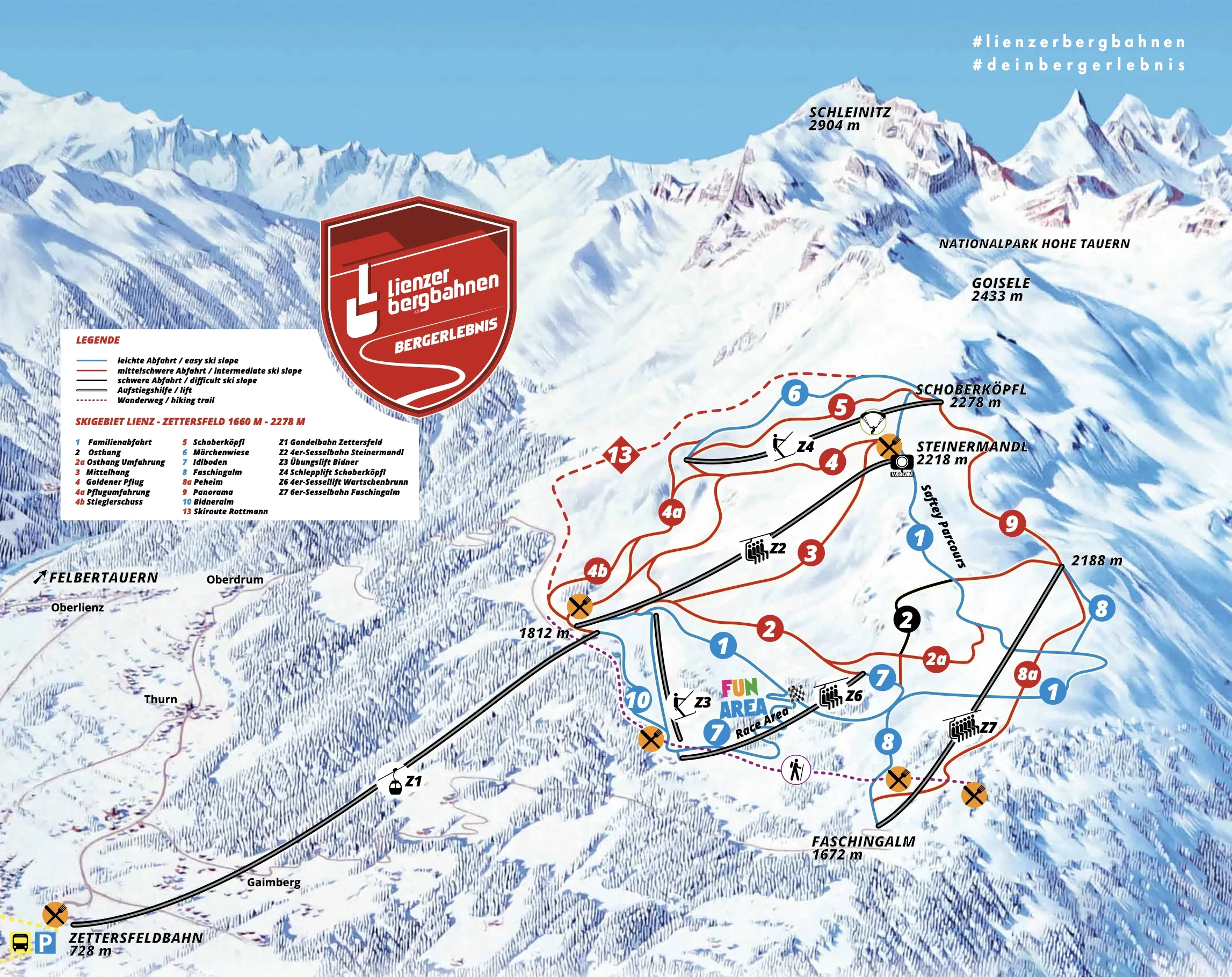 Pistenplan Lienz – Zettersfeld 2025/26 – Übersichtskarte mit Pisten, Liften und Bergbahnen