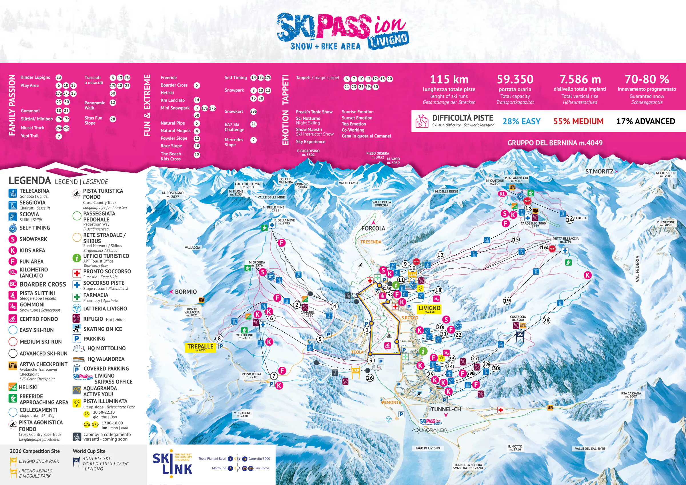 Pistenplan Livigno 2025/26 – Übersichtskarte mit Pisten, Liften und Bergbahnen