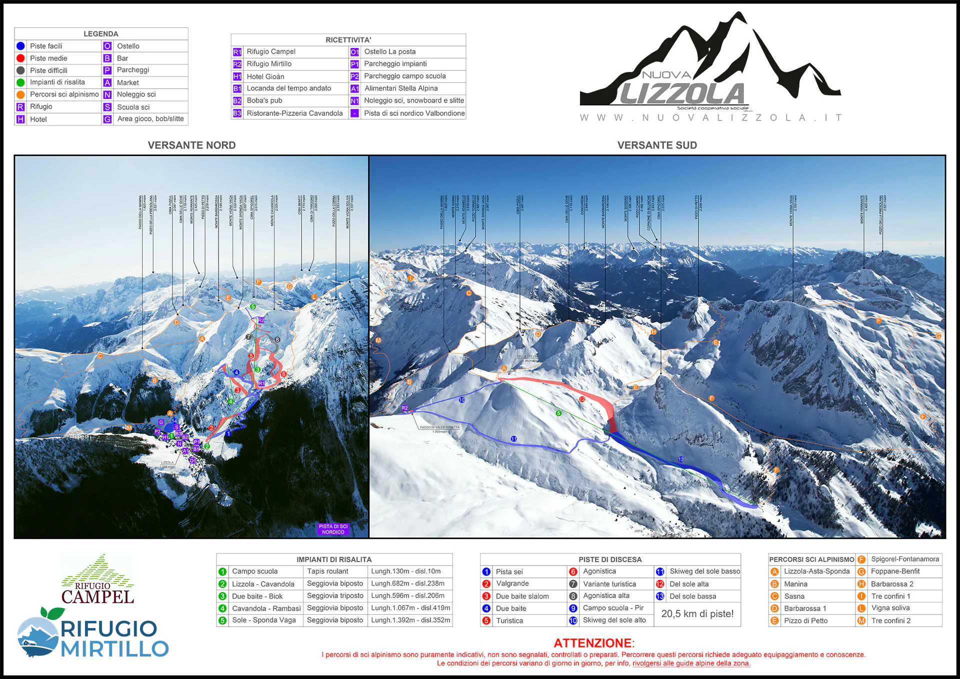 Pistenplan Lizzola (Valbondione) 2025/26 – Übersichtskarte mit Pisten, Liften und Bergbahnen