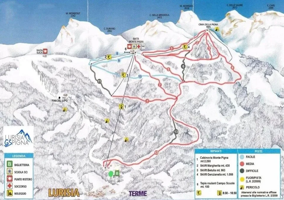 Pistenplan Lurisia Monte Pigna 2025/26 – Übersichtskarte mit Pisten, Liften und Bergbahnen